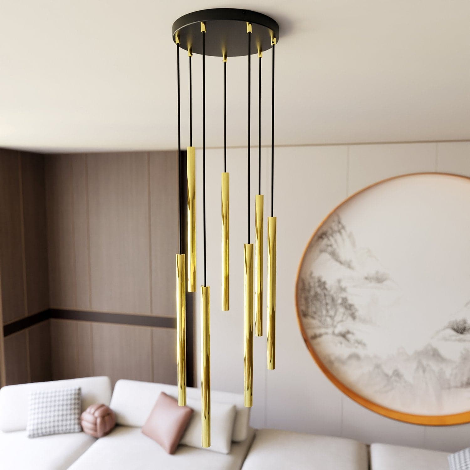 Sospensione Contemporanea In Acciaio 7 Luci Selter Nero E Oro in Lampadari LuceArt - Montecorvino Pugliano, commercioVirtuoso.it