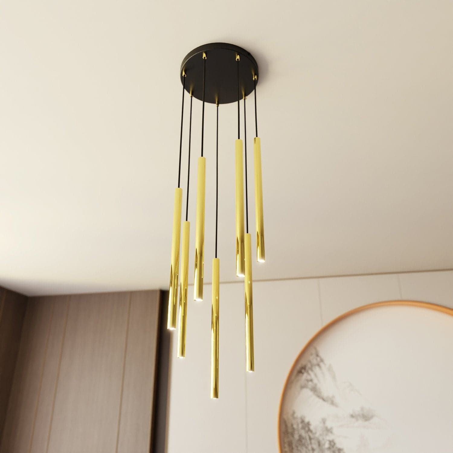 Sospensione Contemporanea In Acciaio 7 Luci Selter Nero E Oro in Lampadari LuceArt - Montecorvino Pugliano, commercioVirtuoso.it