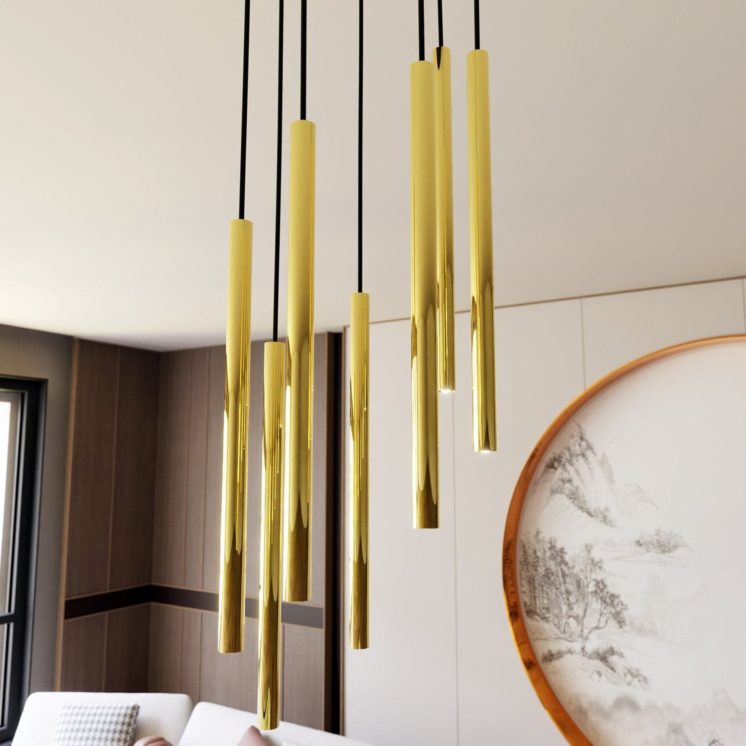 Sospensione Contemporanea In Acciaio 7 Luci Selter Nero E Oro in Lampadari LuceArt - Montecorvino Pugliano, commercioVirtuoso.it