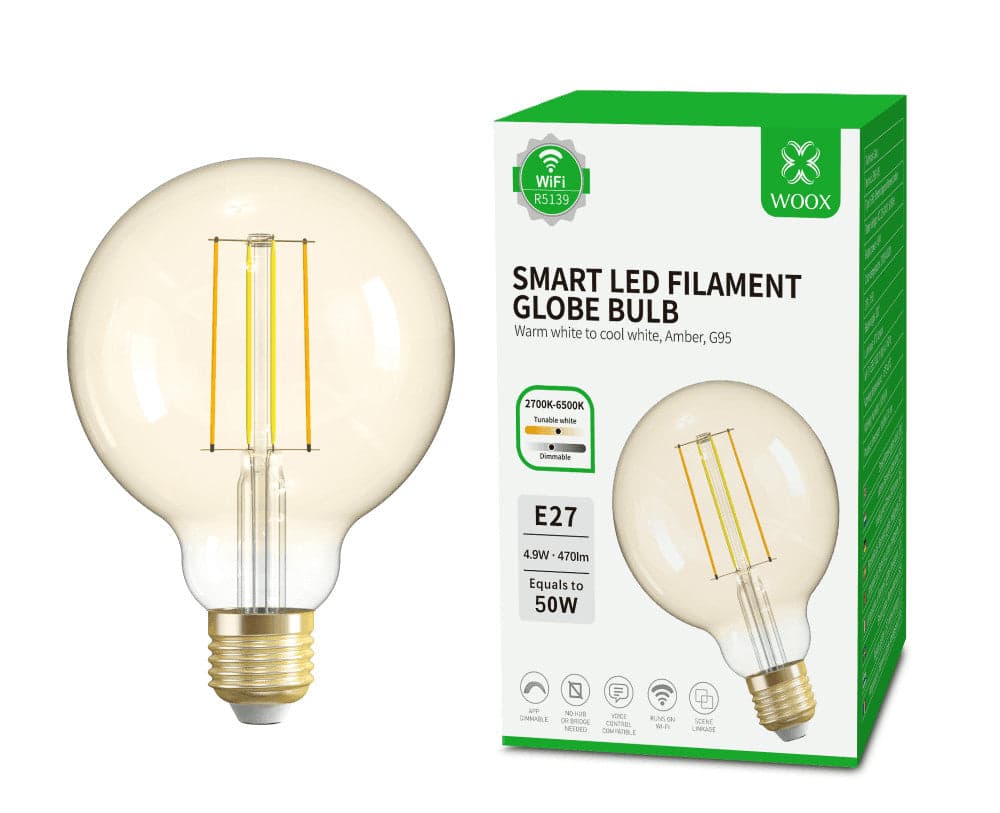 Lampadina Intelligente Globo E27 Ambra Calda 4,9W LED a Filamento Alexa Google Assistant Classe F, R5139 in Lampadine Wi-Fi Scontolo.net - Potenza, commercioVirtuoso.it