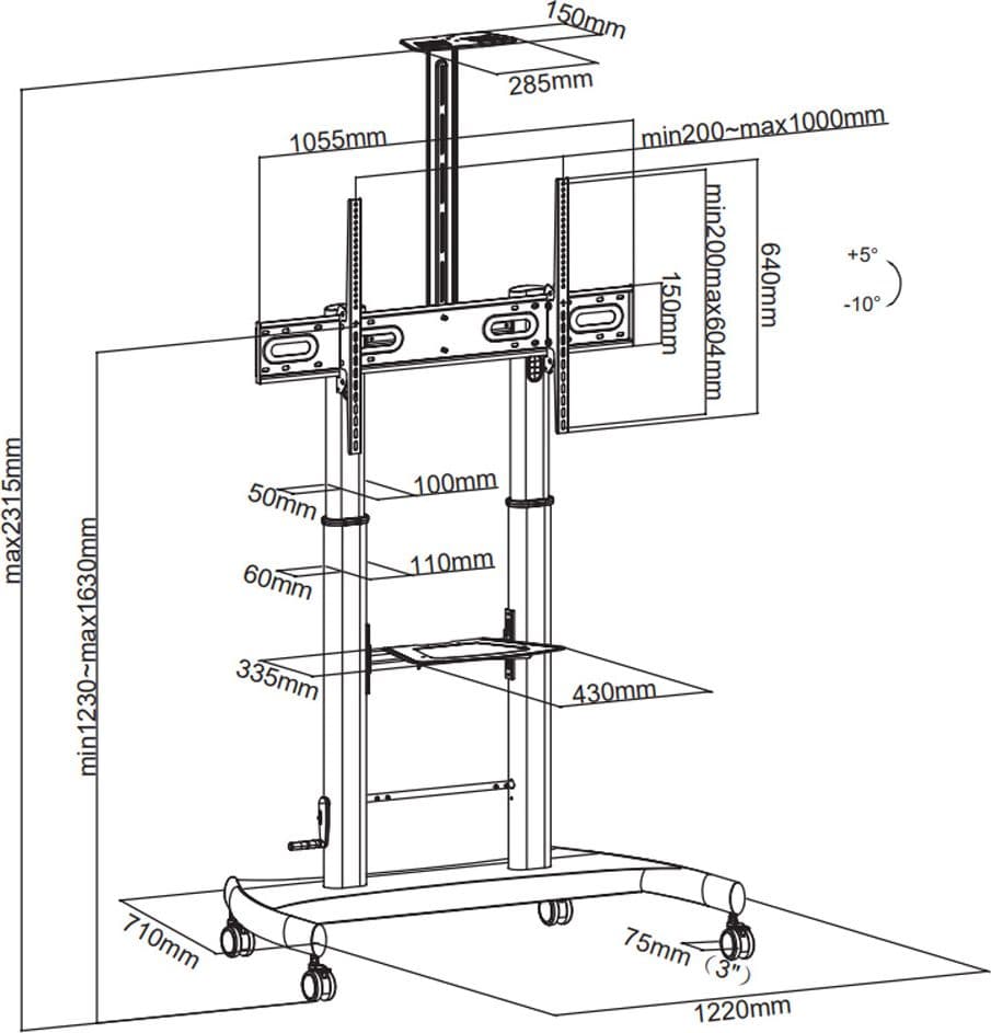 Supporto a pavimento per TV con regolazione manuale altezza, in acciaio, per TV da 60'' a 100'' in Mobili Scontolo.net - Potenza, commercioVirtuoso.it