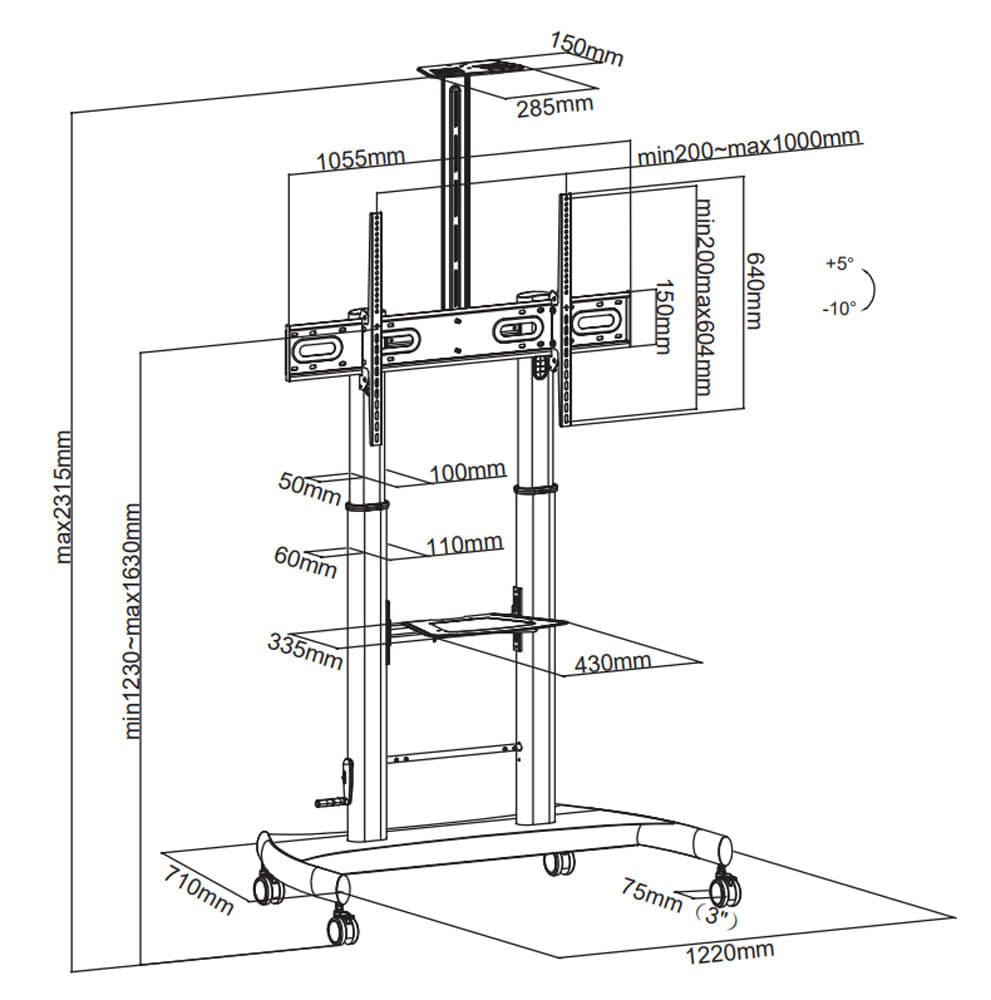 Supporto a pavimento per TV con regolazione manuale altezza, in acciaio, per TV da 60'' a 100'' in Mobili Scontolo.net - Potenza, commercioVirtuoso.it