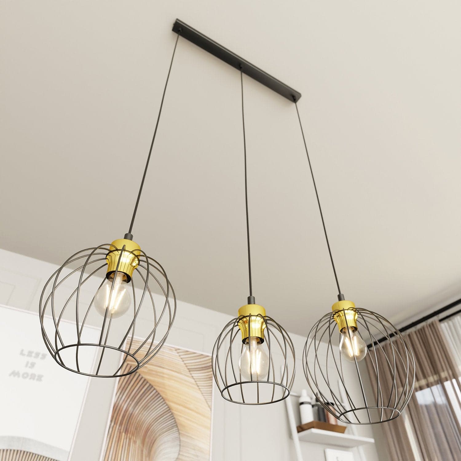 Sospensione Minimal Industrial Nando 3 Luci Lineari Nera E Oro in Lampade a sospensione LuceArt - Montecorvino Pugliano, commercioVirtuoso.it