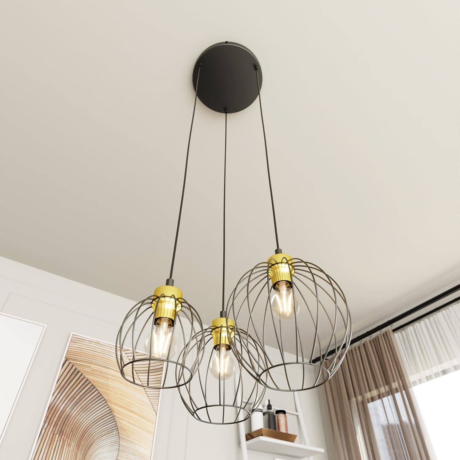Sospensione Minimal Industrial Nando 3 Luci Tonda Nera E Oro in Lampade a sospensione LuceArt - Montecorvino Pugliano, commercioVirtuoso.it