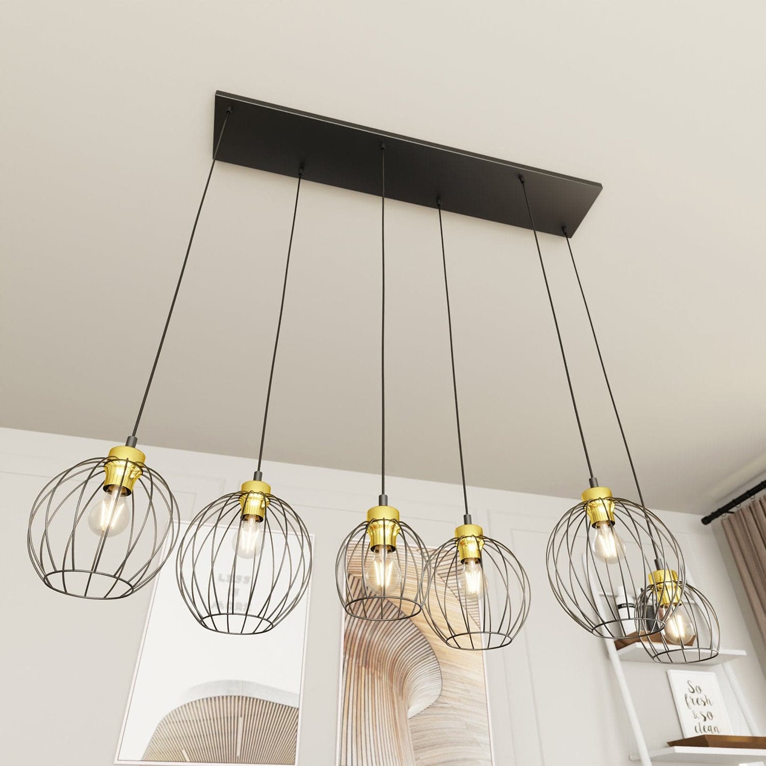 Sospensione Minimal Industrial Nando 6 Luci Lineari Nera E Oro in Lampade a sospensione LuceArt - Montecorvino Pugliano, commercioVirtuoso.it