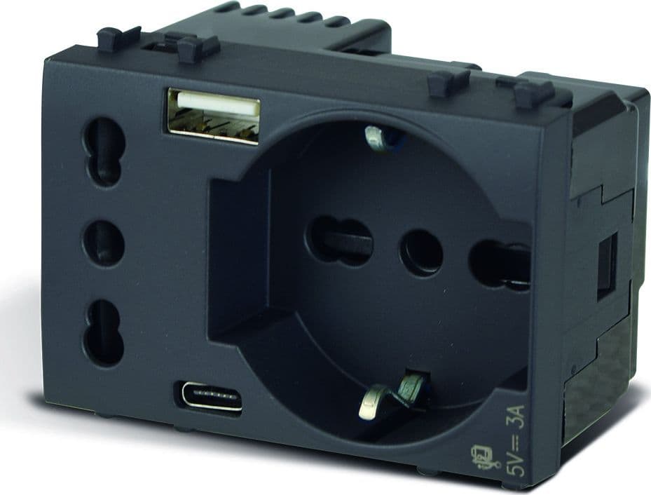 Tekla S44 Presa Schuko Presa Italiana USB-A e USB-C&trade 2P+T 10/16A 250V 3 Moduli Grigio Opaco, 44509015USB in Prese a muro Scontolo.net - Potenza, commercioVirtuoso.it