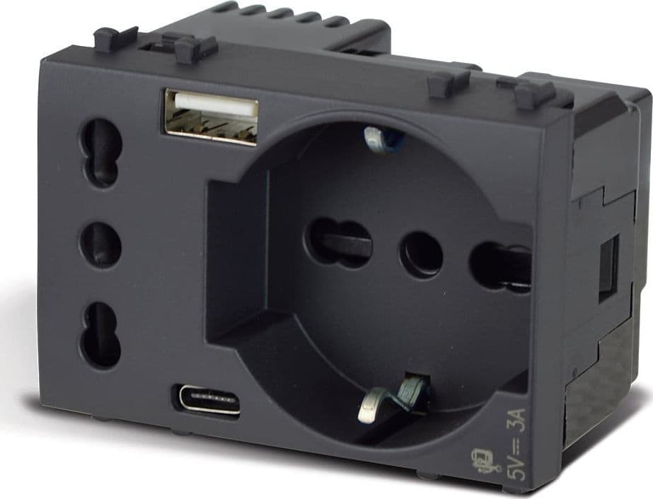Tekla S44 Presa Schuko Presa Italiana USB-A e USB-C&trade 2P+T 10/16A 250V 3 Moduli Grigio Opaco, 44509015USB in Prese a muro Scontolo.net - Potenza, commercioVirtuoso.it