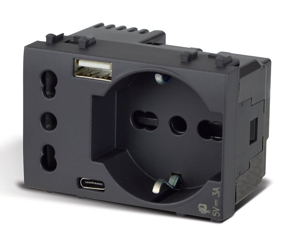 Tekla S44 Presa Schuko Presa Italiana USB-A e USB-C&trade 2P+T 10/16A 250V 3 Moduli Grigio Opaco, 44509015USB in Prese a muro Scontolo.net - Potenza, commercioVirtuoso.it