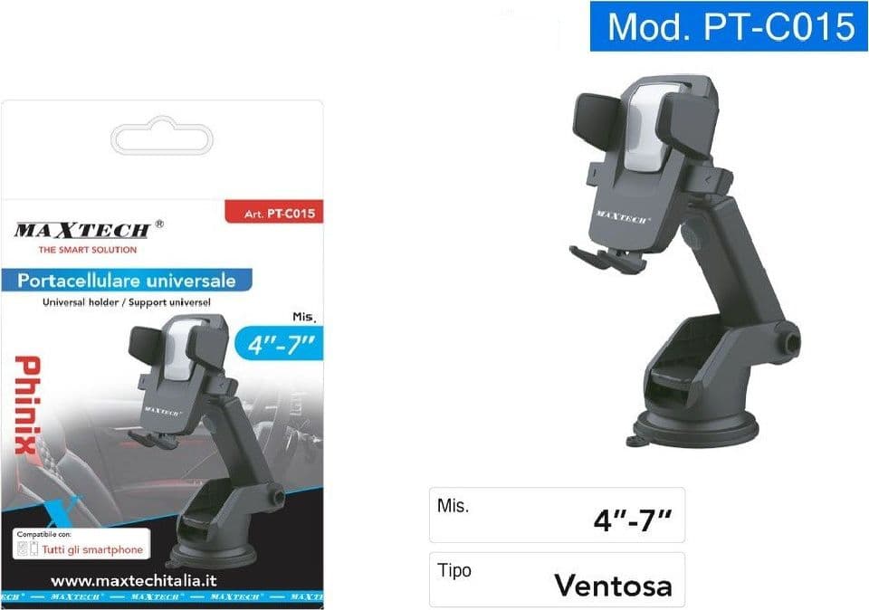 PORTACELLULARE A VENTOSA PER SMARTPHONE UNIVERSALE DA AUTO IN PVC MAXTECH PT-C015 in Alloggiamenti Trade Shop italia - Napoli, commercioVirtuoso.it