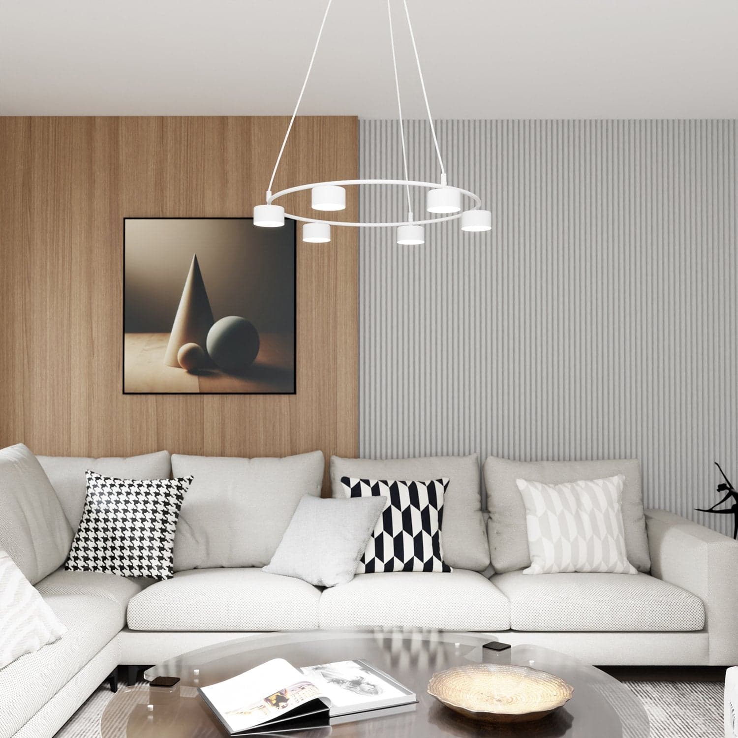 Lampadario Moderno 6 Luci Starlit In Acciaio Bianco Ad Anello E Cilindri in Lampadari LuceArt - Montecorvino Pugliano, commercioVirtuoso.it