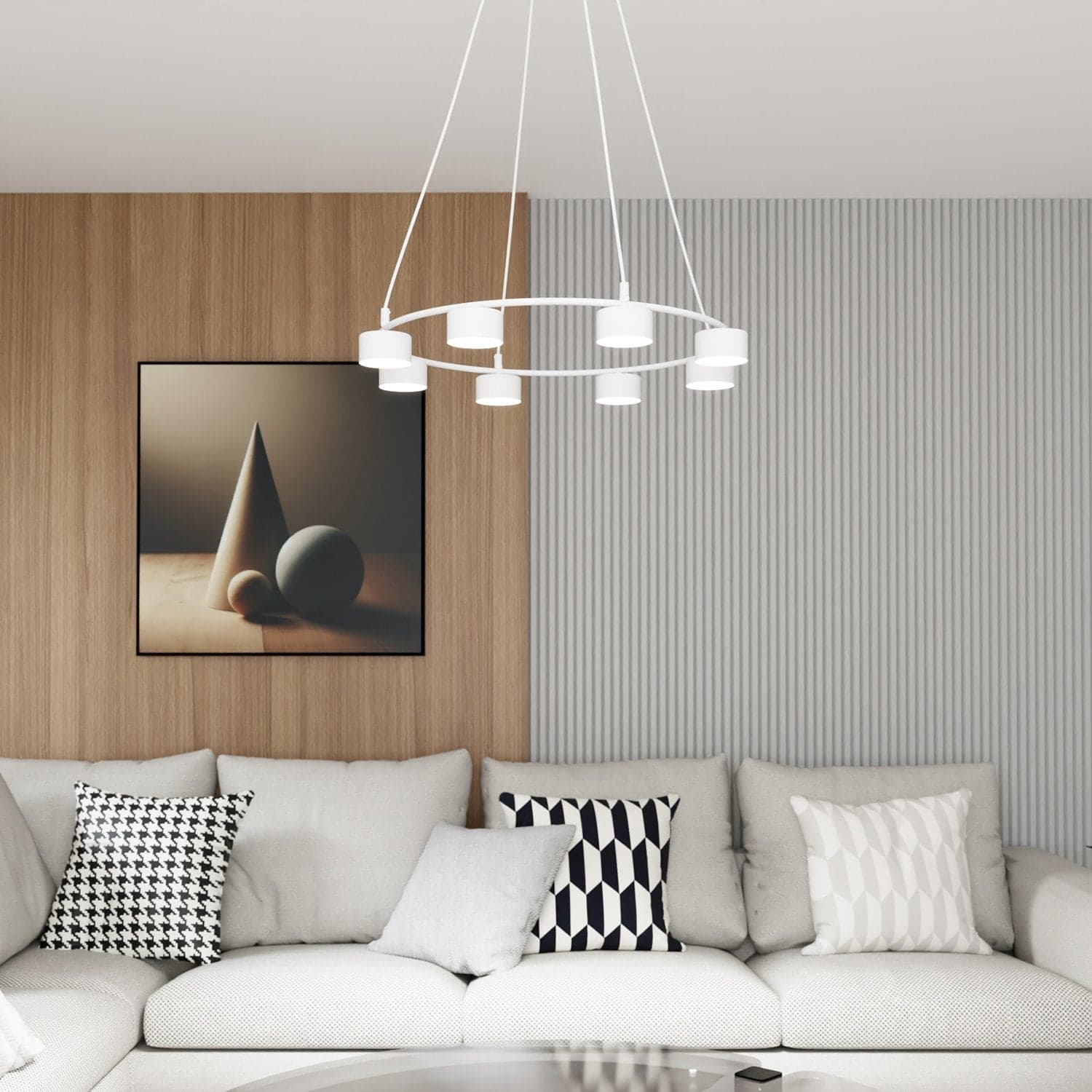 Lampadario Moderno 8 Luci Starlit In Acciaio Bianco Ad Anello E Cilindri in Lampadari LuceArt - Montecorvino Pugliano, commercioVirtuoso.it