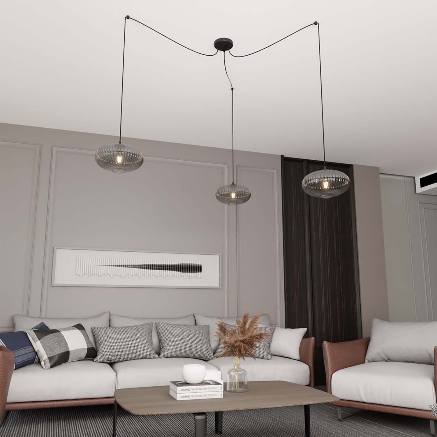 Lampadario 3 Luci Origo In Acciaio Nero Paralume Plissettato Fumè in Lampade a sospensione LuceArt - Montecorvino Pugliano, commercioVirtuoso.it