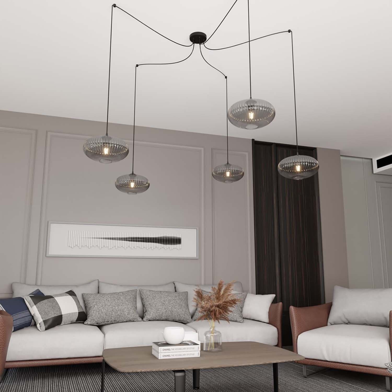 Lampadario 5 Luci Origo In Acciaio Nero Paralume Plissettato Fumè in Lampade a sospensione LuceArt - Montecorvino Pugliano, commercioVirtuoso.it