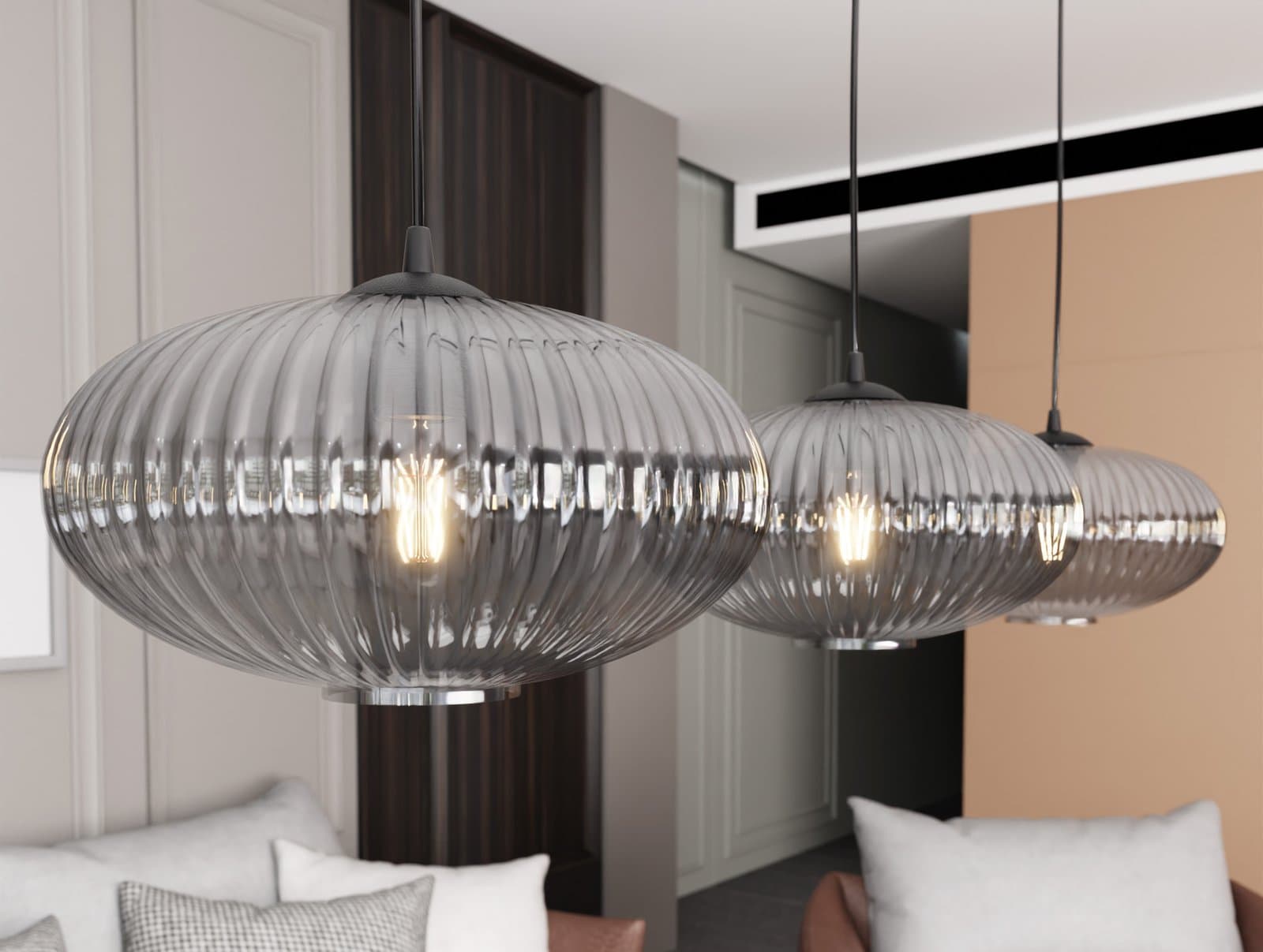 Lampadario 3 Luci Coco In Acciaio Nero Paralume Plissettato Fumè in Lampade a sospensione LuceArt - Montecorvino Pugliano, commercioVirtuoso.it