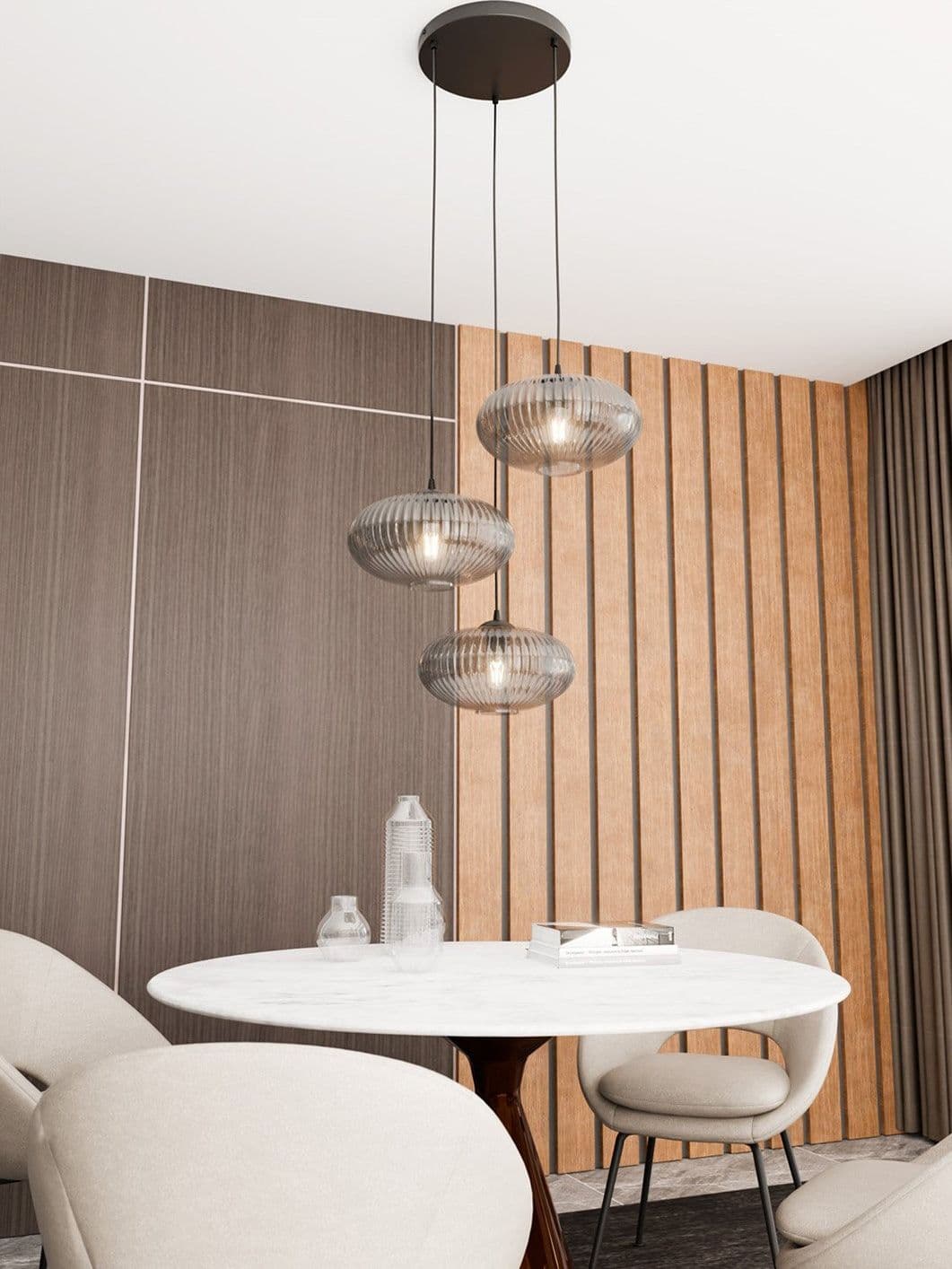 Lampadario 3 Luci Coco Base Tonda In Acciaio Nero Paralume Plissettato Fumè in Lampade a sospensione LuceArt - Montecorvino Pugliano, commercioVirtuoso.it