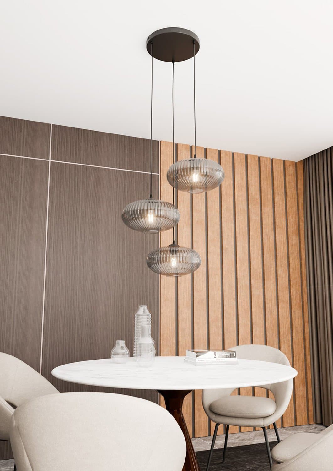 Lampadario 3 Luci Coco Base Tonda In Acciaio Nero Paralume Plissettato Fumè in Lampade a sospensione LuceArt - Montecorvino Pugliano, commercioVirtuoso.it