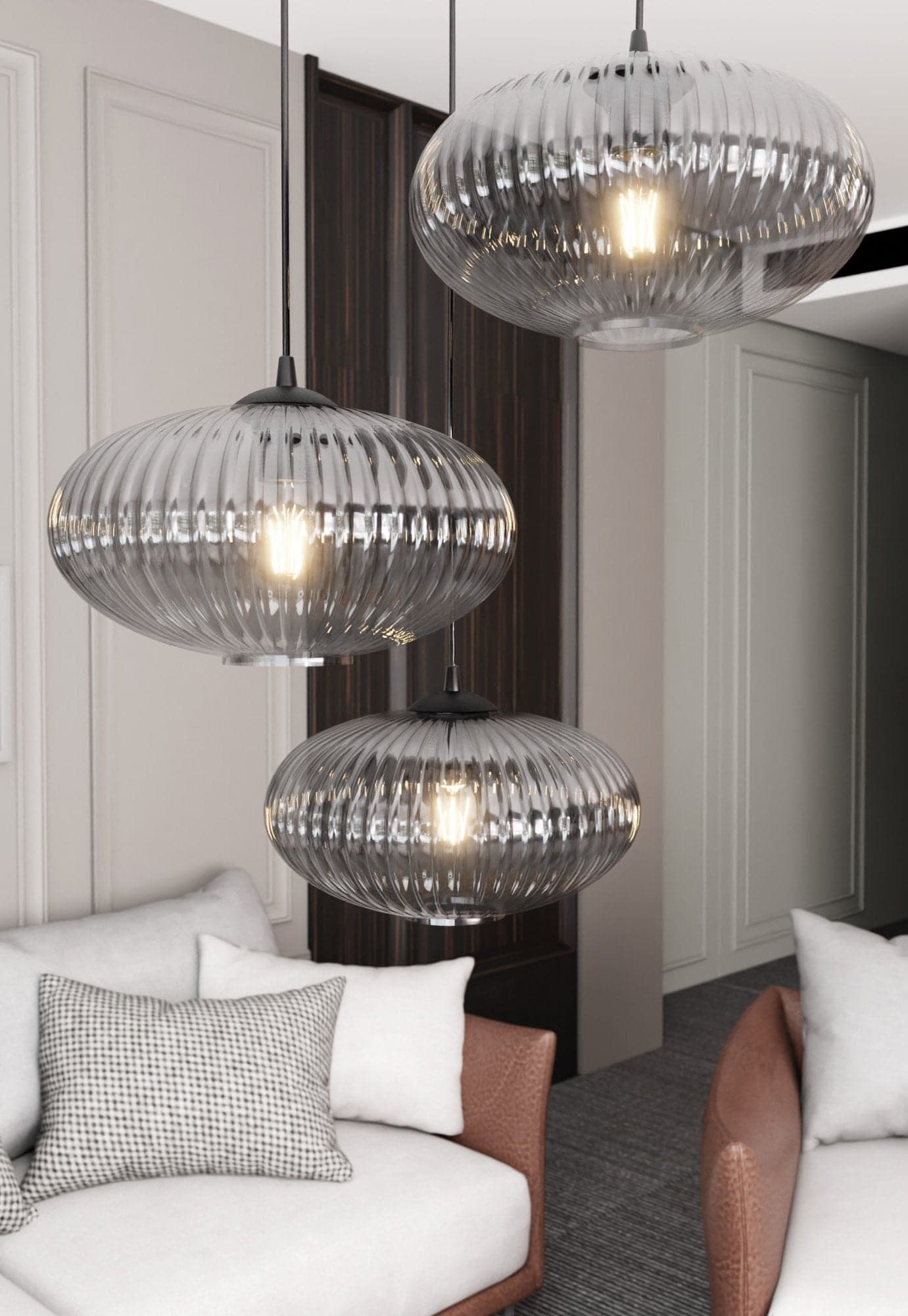 Lampadario 3 Luci Coco Base Tonda In Acciaio Nero Paralume Plissettato Fumè in Lampade a sospensione LuceArt - Montecorvino Pugliano, commercioVirtuoso.it