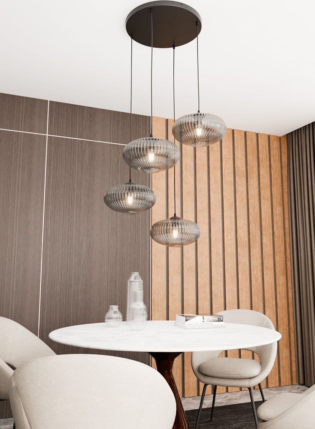 Lampadario 4 Luci Coco Base Tonda In Acciaio Nero Paralume Plissettato Fumè in Lampade a sospensione LuceArt - Montecorvino Pugliano, commercioVirtuoso.it