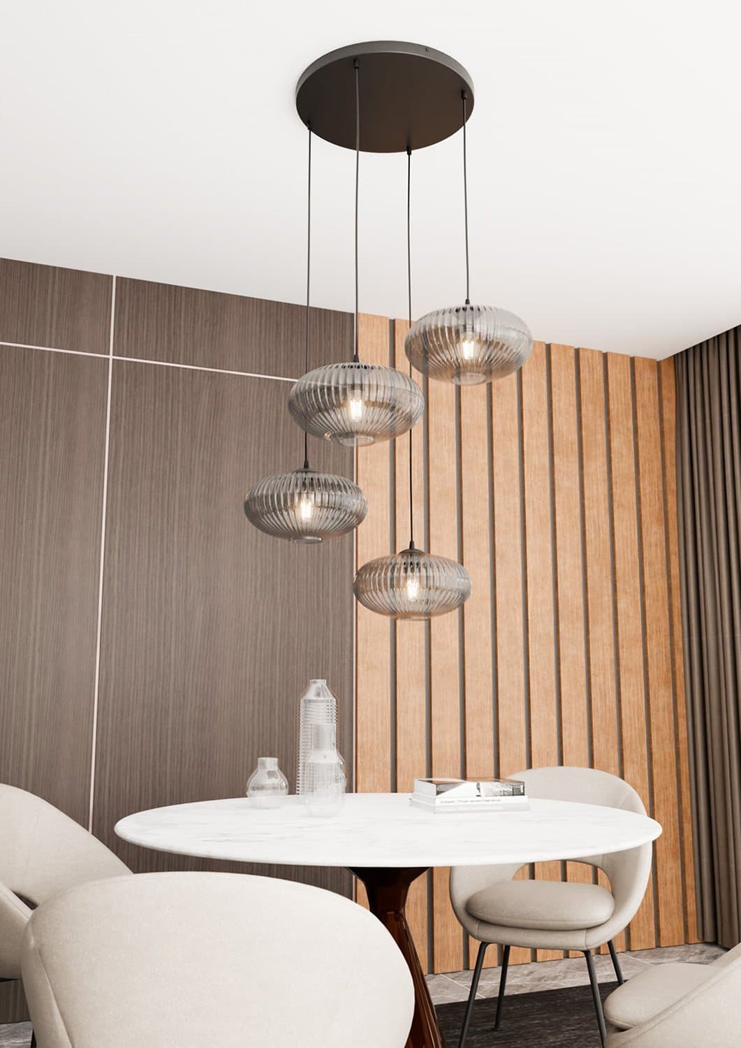 Lampadario 4 Luci Coco Base Tonda In Acciaio Nero Paralume Plissettato Fumè in Lampade a sospensione LuceArt - Montecorvino Pugliano, commercioVirtuoso.it