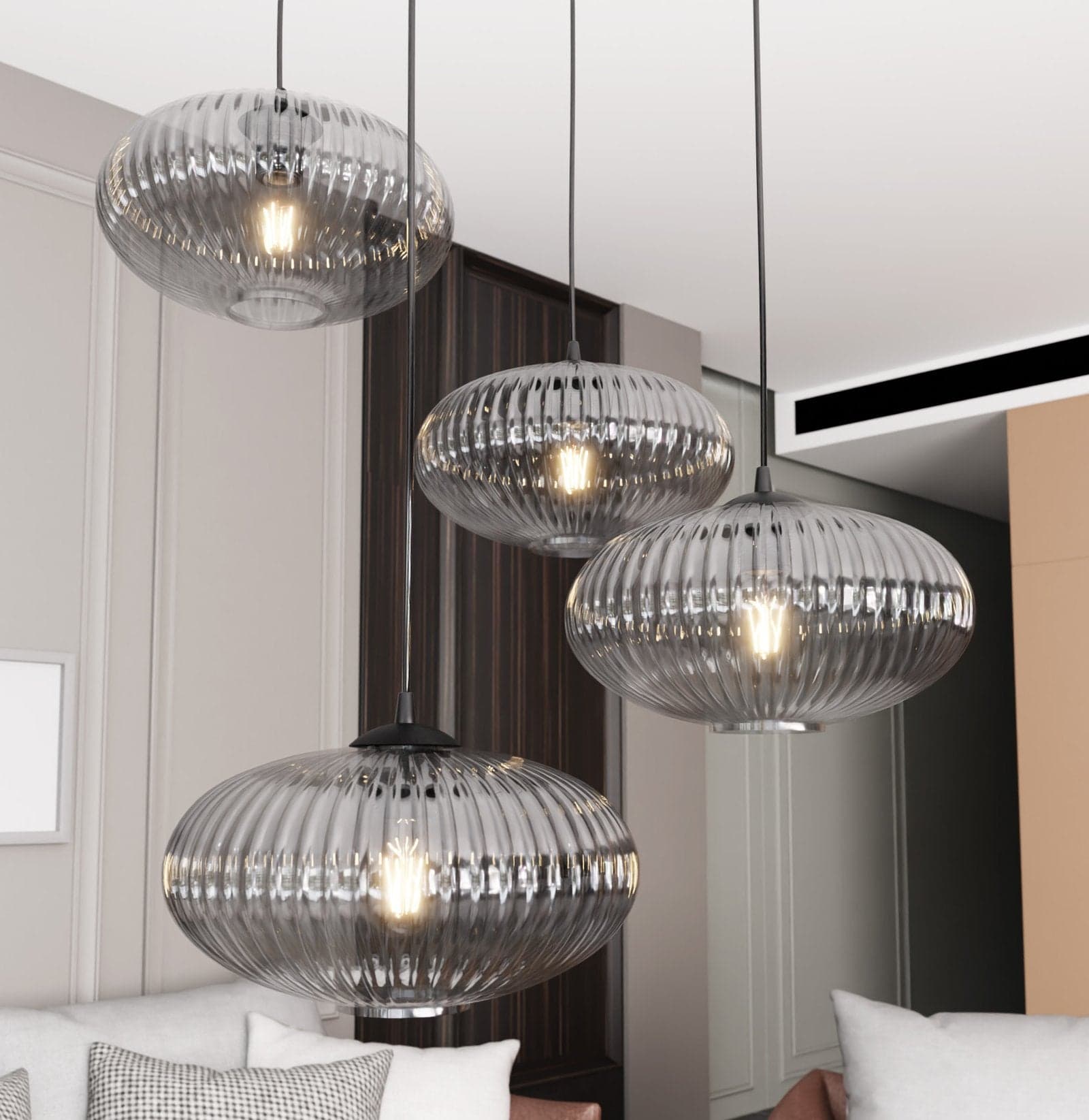 Lampadario 4 Luci Coco Base Tonda In Acciaio Nero Paralume Plissettato Fumè in Lampade a sospensione LuceArt - Montecorvino Pugliano, commercioVirtuoso.it