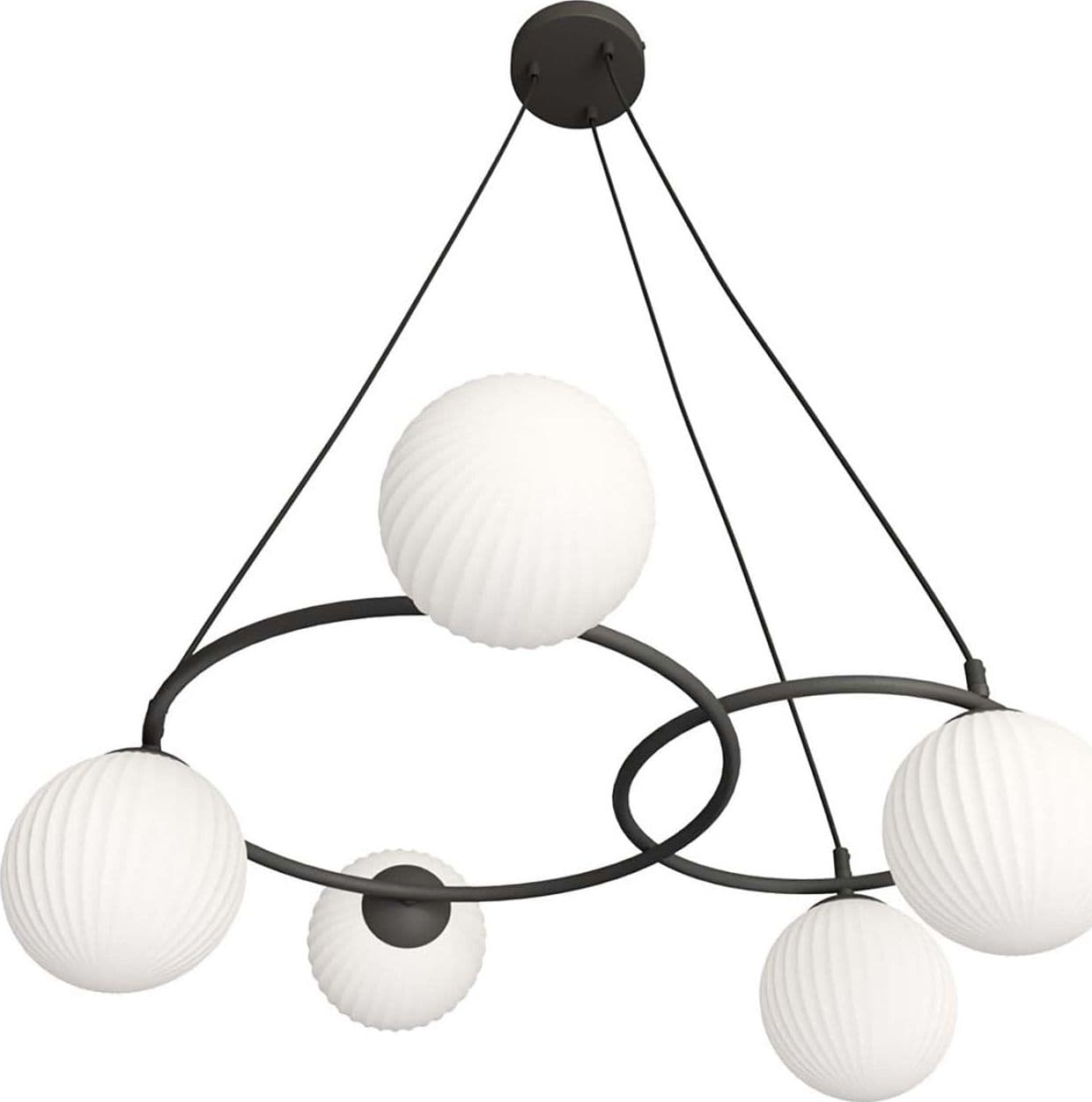 Lampadario 5 Luci Libra A Cerchi E Diffusori In Vetro Rigato Opale