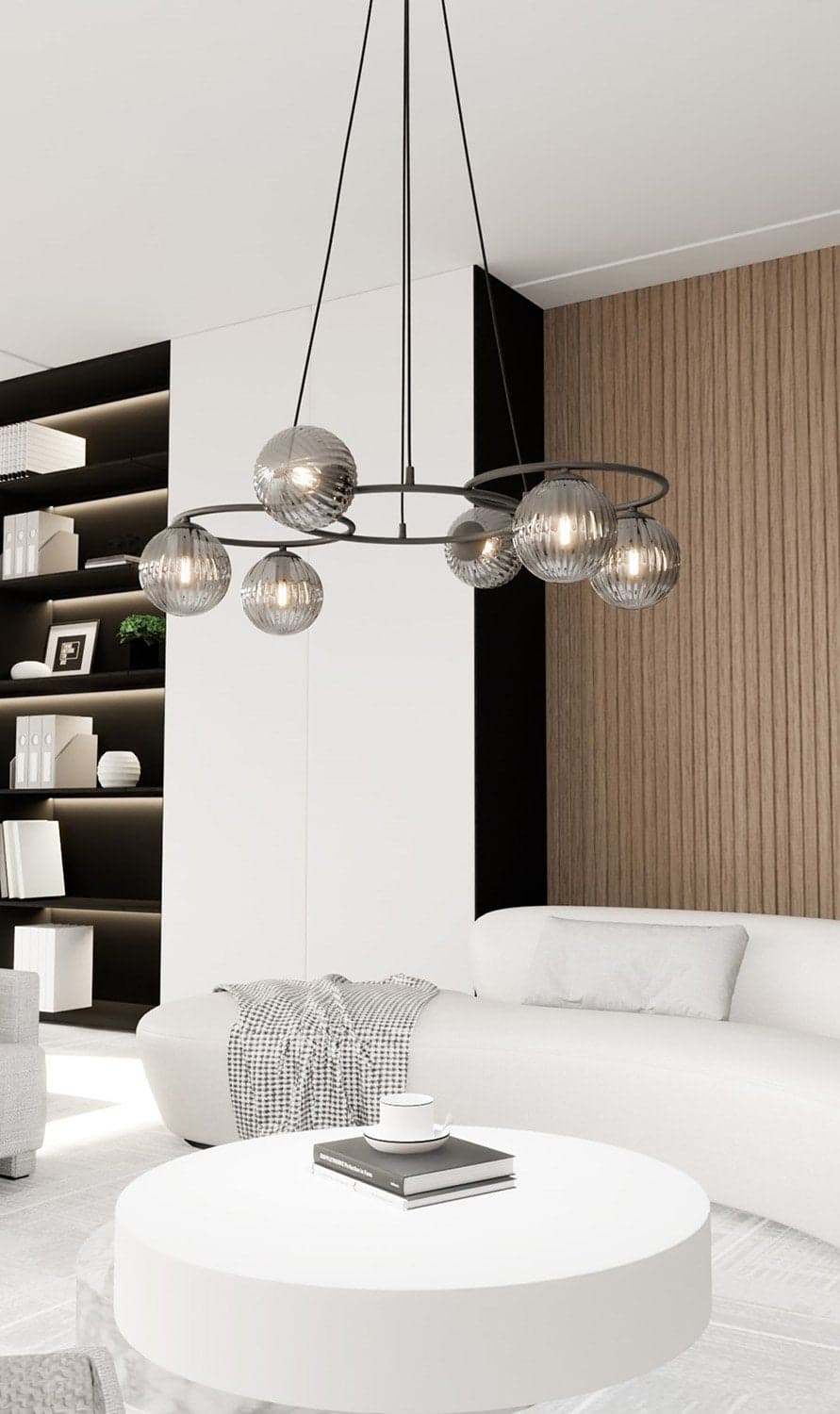 Lampadario 6 Luci Libra A Cerchi E Diffusori In Vetro Rigato Fumè in Lampadari LuceArt - Montecorvino Pugliano, commercioVirtuoso.it