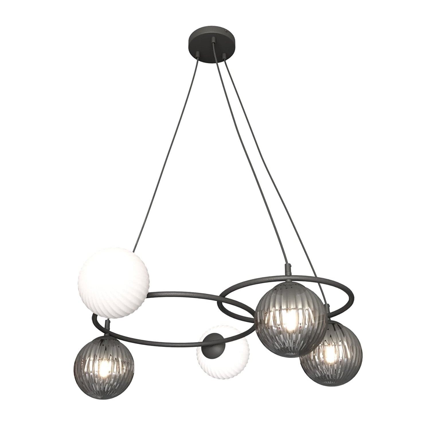 Lampadario 5 Luci Libra A Cerchi E Diffusori In Vetro Rigato Opale E Fumè in Lampadari LuceArt - Montecorvino Pugliano, commercioVirtuoso.it