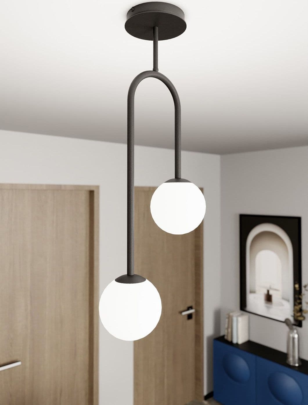 Lampada A Soffitto 2 Luci Atria In Acciaio Nero E Sfere In Vetro Opale in Lampade a sospensione LuceArt - Montecorvino Pugliano, commercioVirtuoso.it