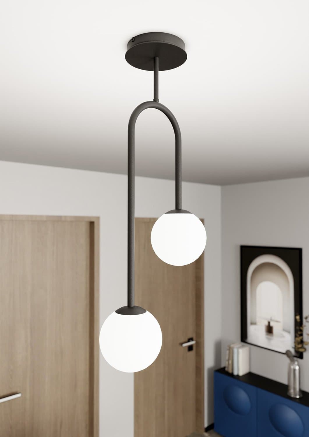 Lampada A Soffitto 2 Luci Atria In Acciaio Nero E Sfere In Vetro Opale in Lampade a sospensione LuceArt - Montecorvino Pugliano, commercioVirtuoso.it