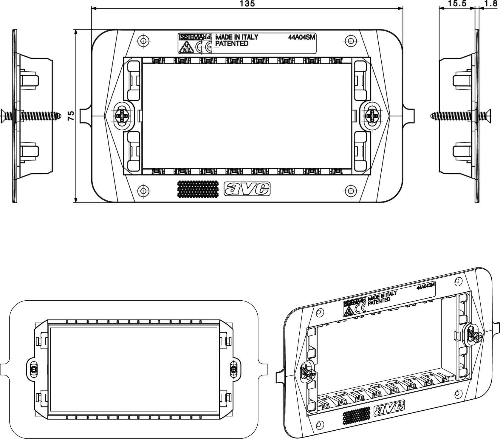 Supporto Smart44 con Viti per Scatole Rettangolari 4 Moduli
