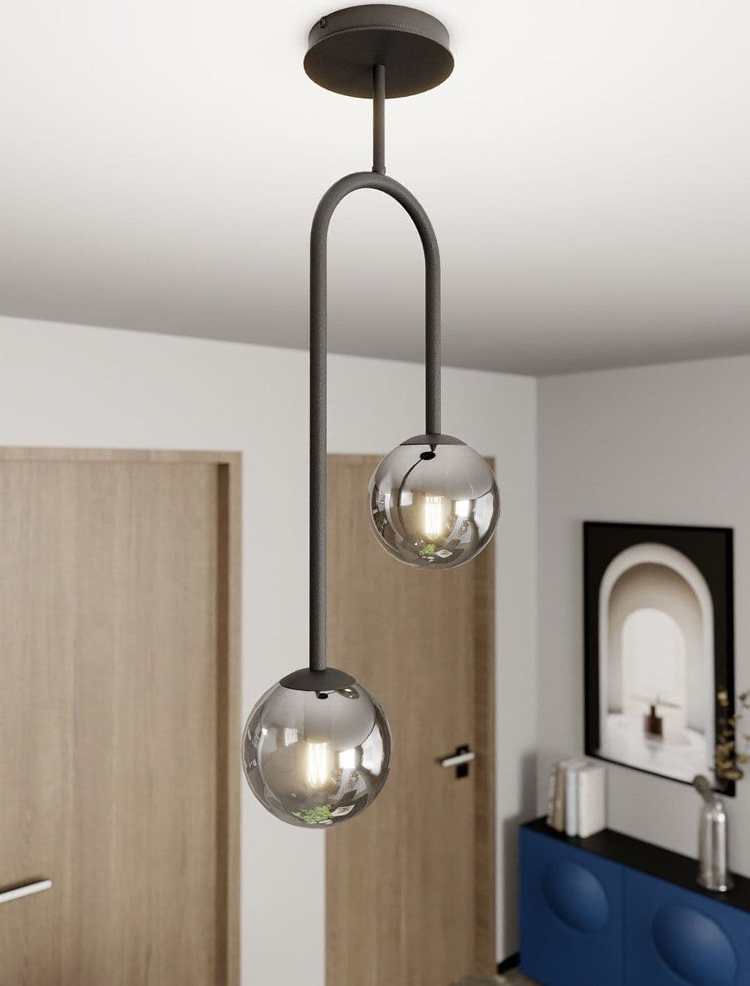Lampada A Soffitto 2 Luci Atria In Acciaio Nero E Sfere In Vetro Fumè in Plafoniere LuceArt - Montecorvino Pugliano, commercioVirtuoso.it