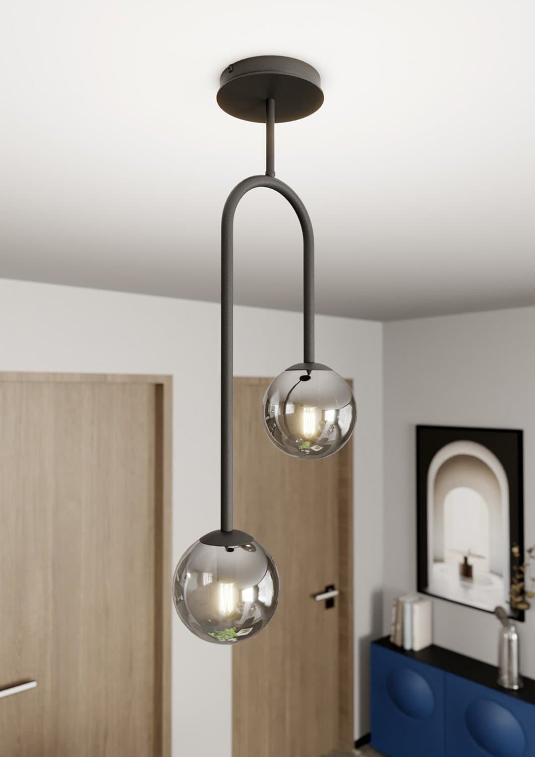 Lampada A Soffitto 2 Luci Atria In Acciaio Nero E Sfere In Vetro Fumè in Plafoniere LuceArt - Montecorvino Pugliano, commercioVirtuoso.it