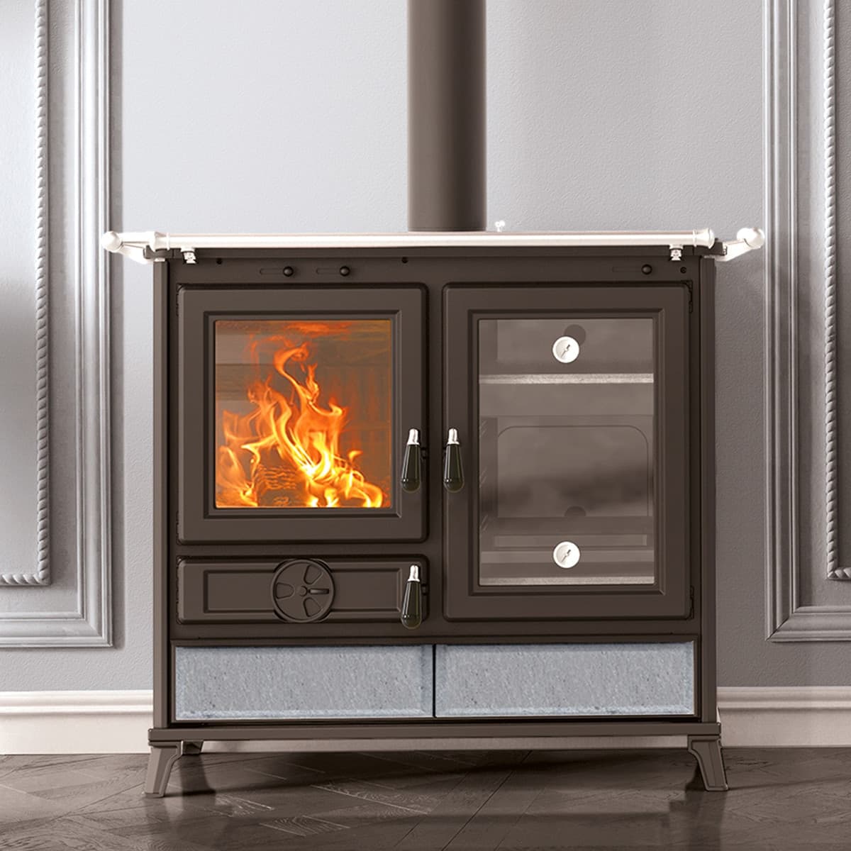 Thermorossi Cucina a Legna Margherita Evo Stone 12,1 kW in Isolamento con pannelli Masterbrico - Longobardi, commercioVirtuoso.it
