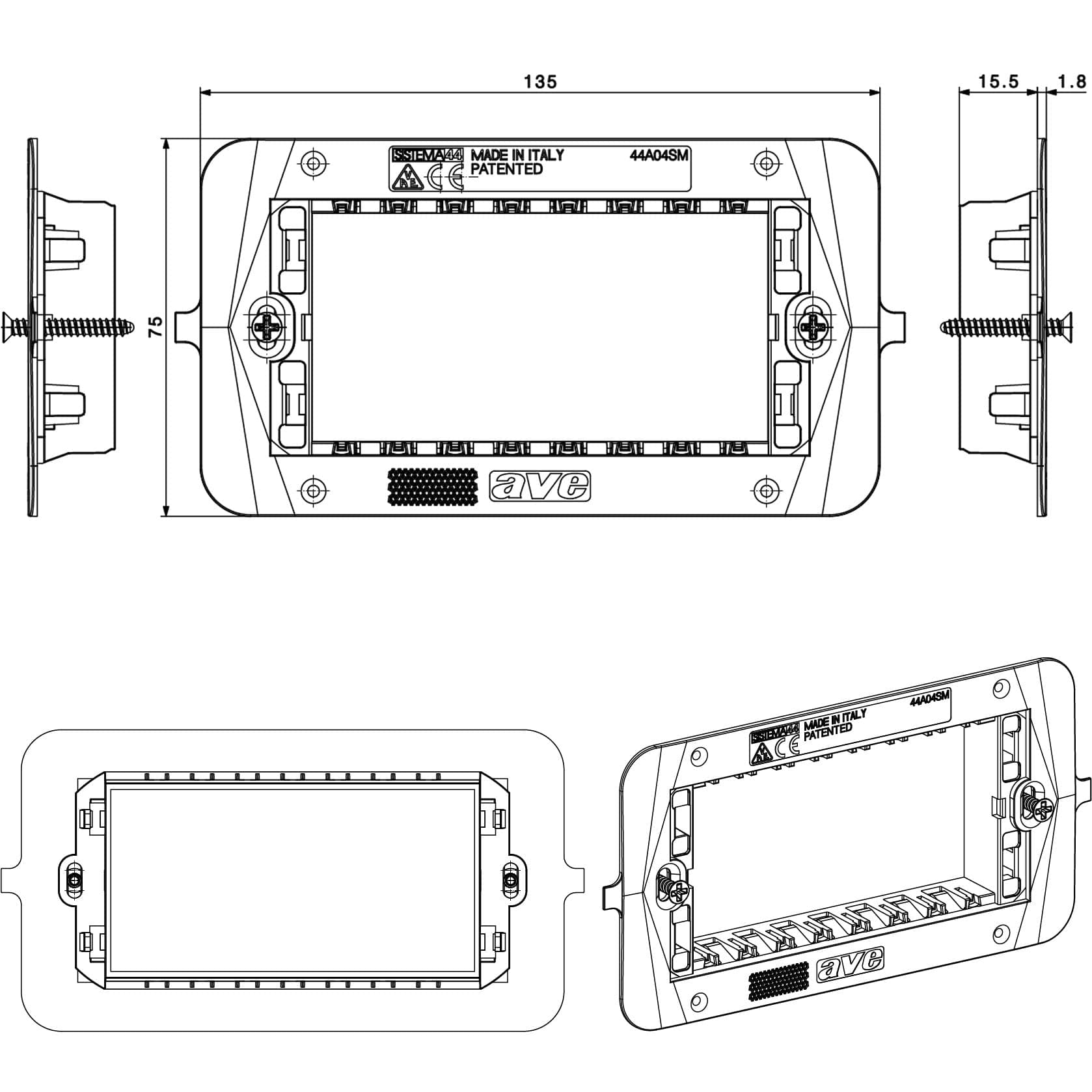 Supporto Smart44 con Viti per Scatole Rettangolari 4 Moduli in Placche combinate interruttori e prese Scontolo.net - Potenza, commercioVirtuoso.it