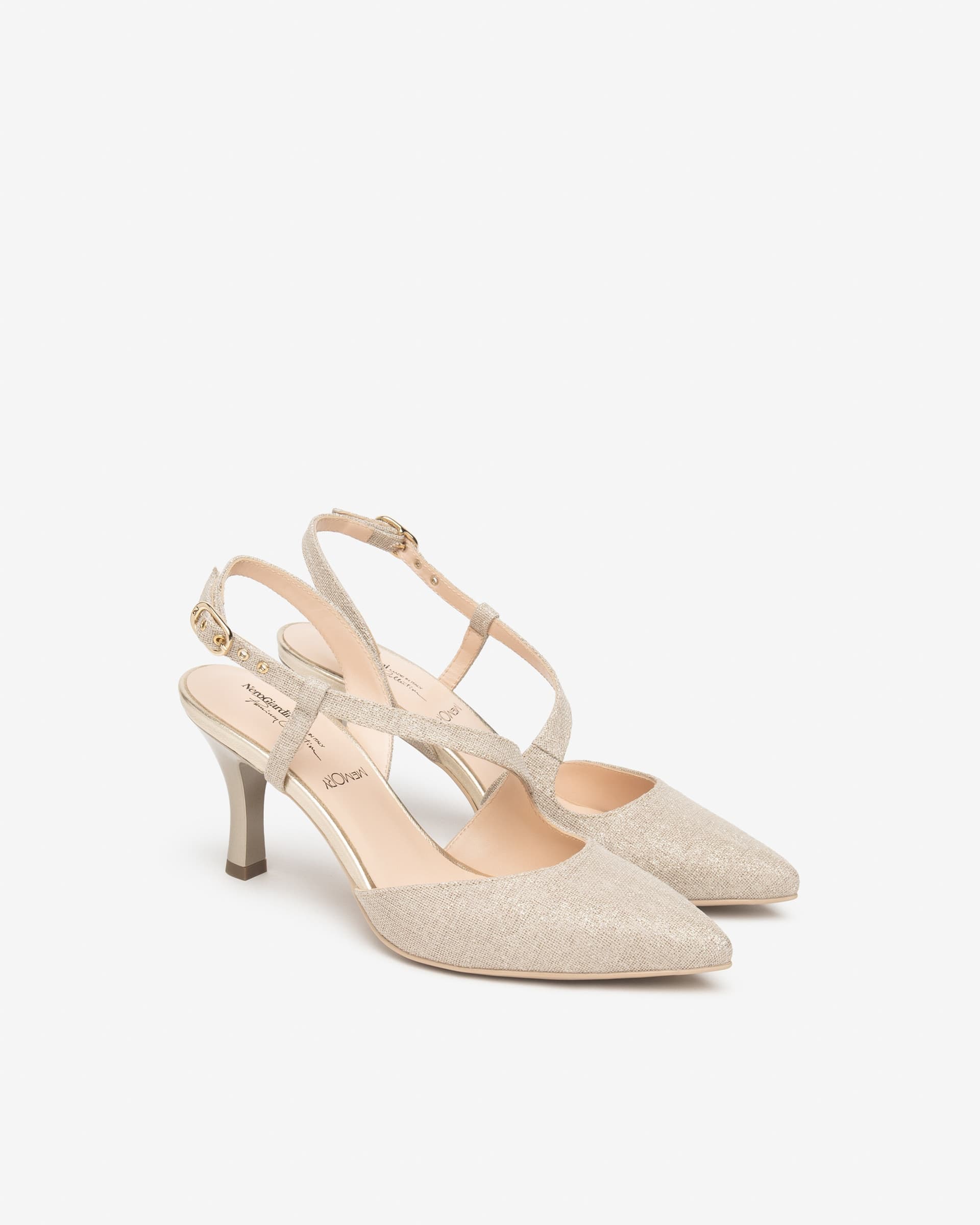 Nero Giardini slingback in tessuto glitter col.beige E607010DE412 in prodotto Teresi Calzature - Marsala, commercioVirtuoso.it