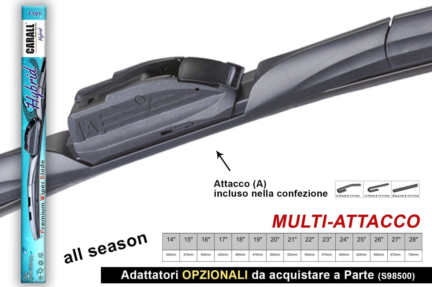 Spazzola Tergicristallo Ibrida CARALL T191 Hybrid 20 Pollici 500mm Universale Con 16 Attacchi Opzionale in Spazzole di ricambio Scontolo.net - Potenza, commercioVirtuoso.it