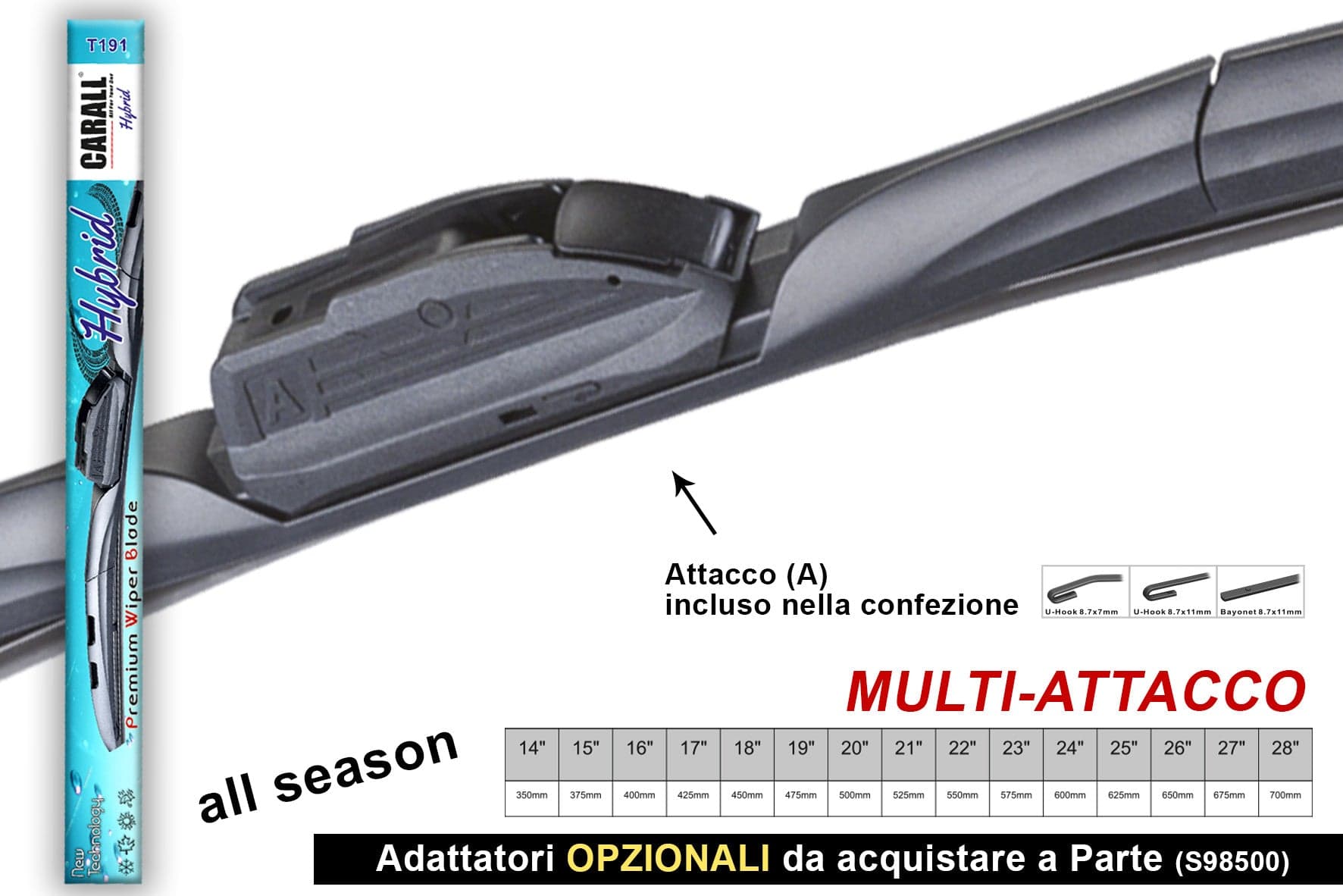 Spazzola Tergicristallo Ibrida CARALL T191 Hybrid 20 Pollici 500mm Universale Con 16 Attacchi Opzionale in Spazzole di ricambio Scontolo.net - Potenza, commercioVirtuoso.it