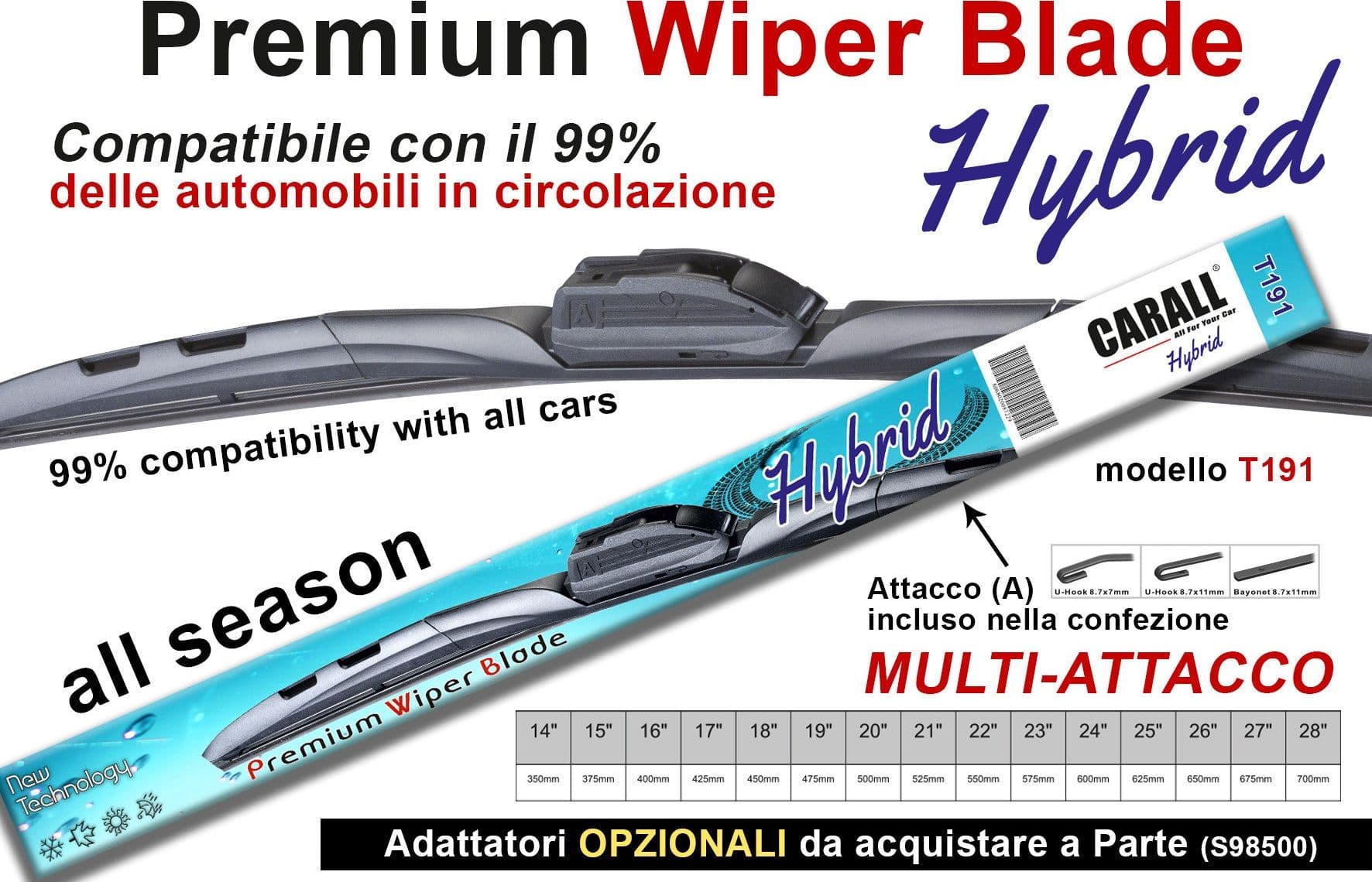 Spazzola Tergicristallo Ibrida CARALL T191 Hybrid 20 Pollici 500mm Universale Con 16 Attacchi Opzionale in Spazzole di ricambio Scontolo.net - Potenza, commercioVirtuoso.it