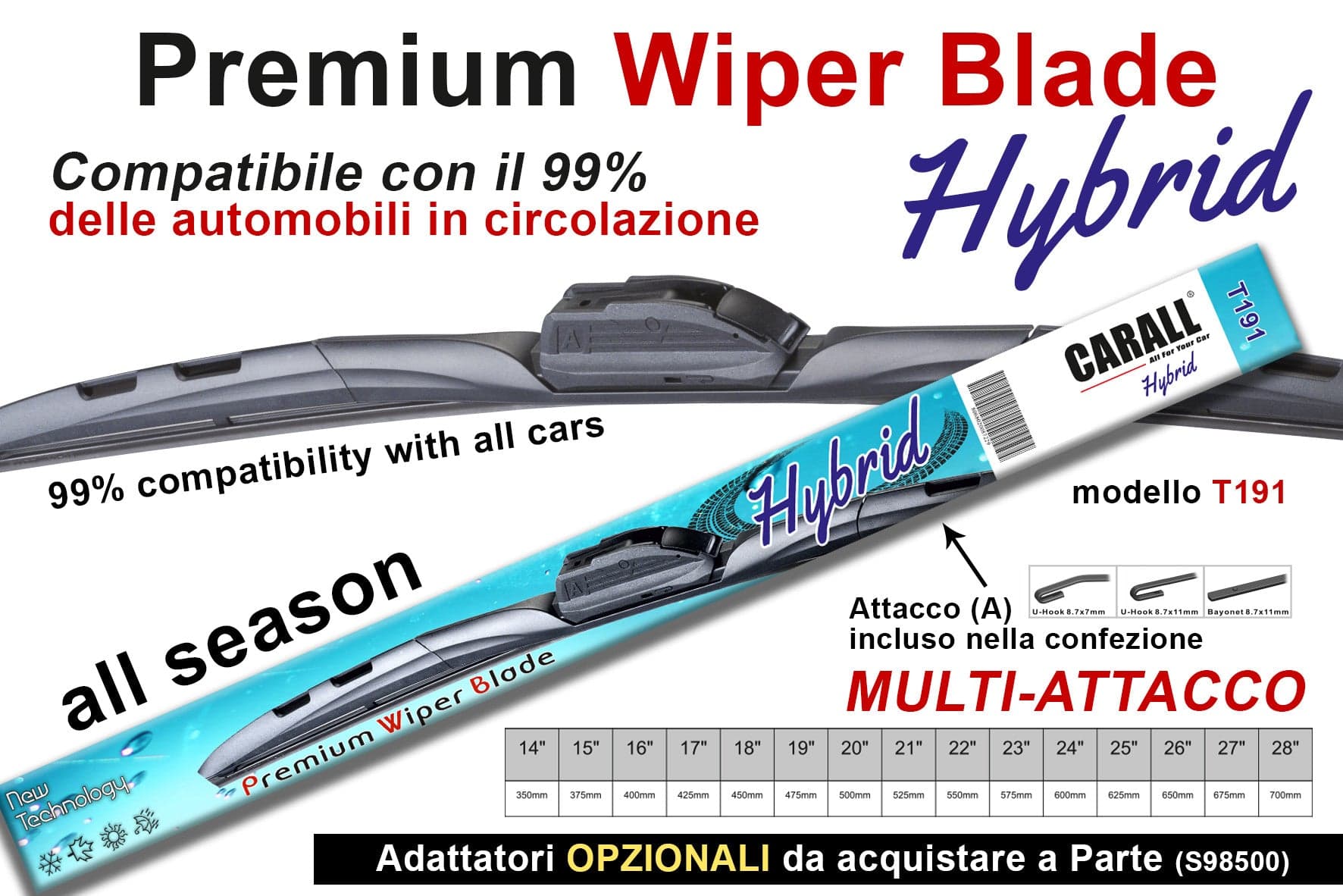 Spazzola Tergicristallo Ibrida CARALL T191 Hybrid 20 Pollici 500mm Universale Con 16 Attacchi Opzionale in Spazzole di ricambio Scontolo.net - Potenza, commercioVirtuoso.it