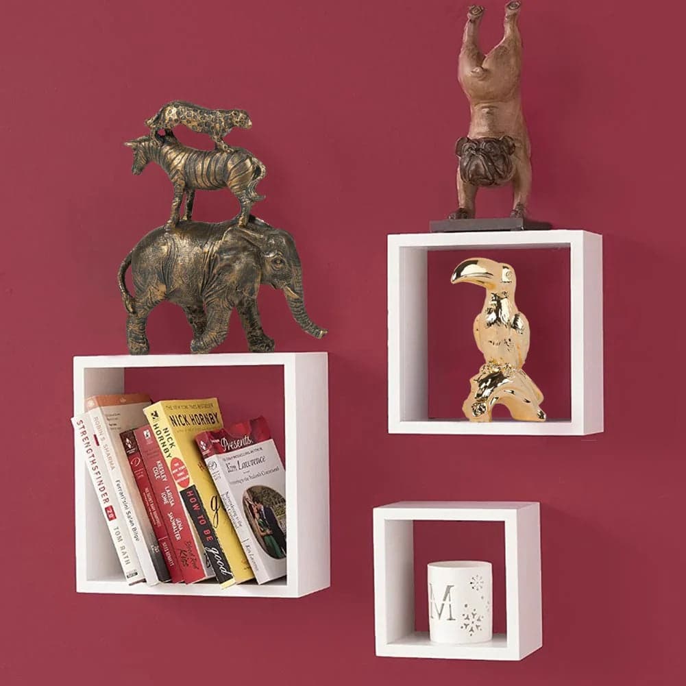 Set 3 Mensole da Parete Cubo in Legno MDF Moderne con 2 Ripiani Bianco in Mensole da muro Danyx - Casoria, commercioVirtuoso.it