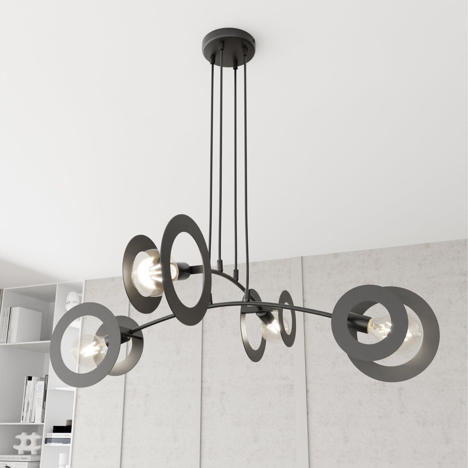 Lampadario 4 Luci Euforia In Acciaio Nero A Bracci E Diffusori A Doppio Cerchio in Lampadari LuceArt - Montecorvino Pugliano, commercioVirtuoso.it