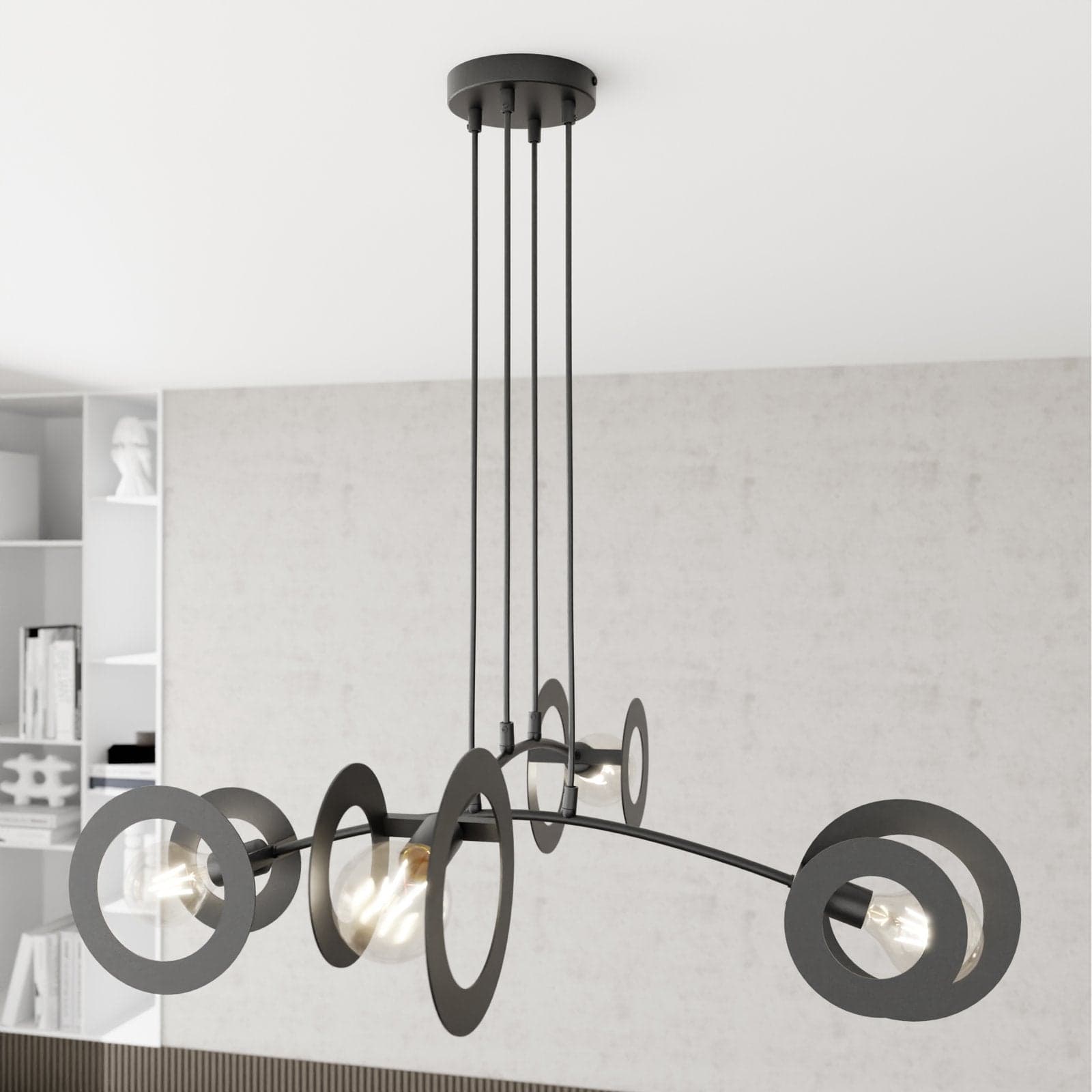 Lampadario 4 Luci Euforia In Acciaio Nero A Bracci E Diffusori A Doppio Cerchio in Lampadari LuceArt - Montecorvino Pugliano, commercioVirtuoso.it