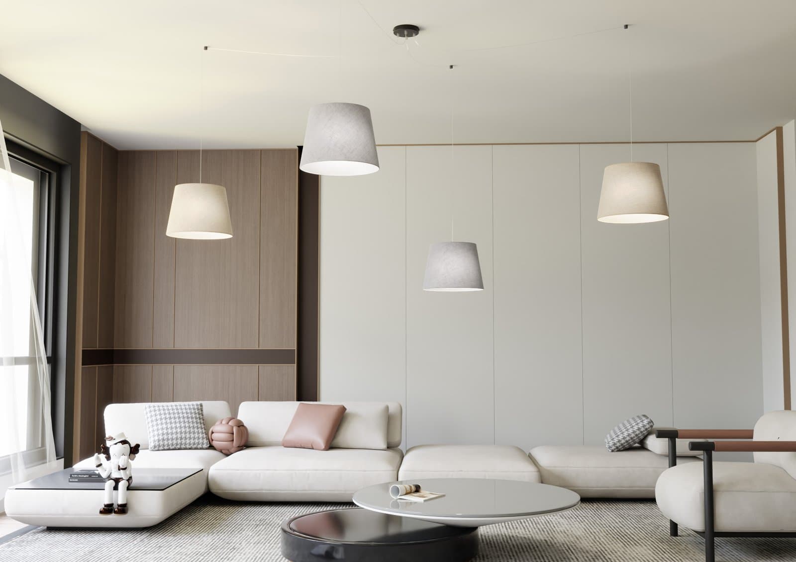 Sospensione 4 Luci Ascot Con Fermacavi E Paralumi Grigio E Beige in Lampade a sospensione LuceArt - Montecorvino Pugliano, commercioVirtuoso.it