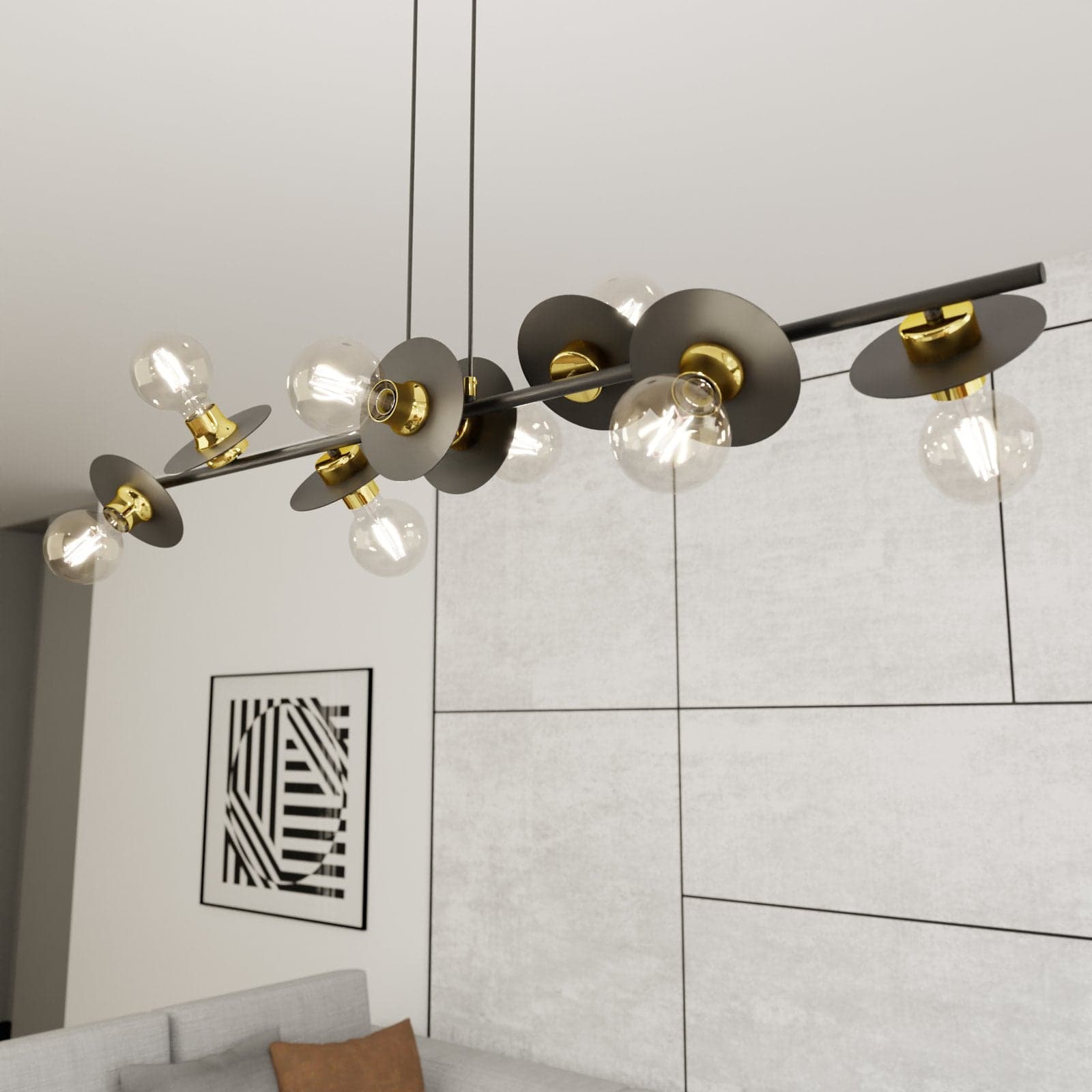 Lampadario 8 Luci Token In Acciaio Nero E Oro Con Barra E Diffusori A Piatti in Lampade a sospensione LuceArt - Montecorvino Pugliano, commercioVirtuoso.it