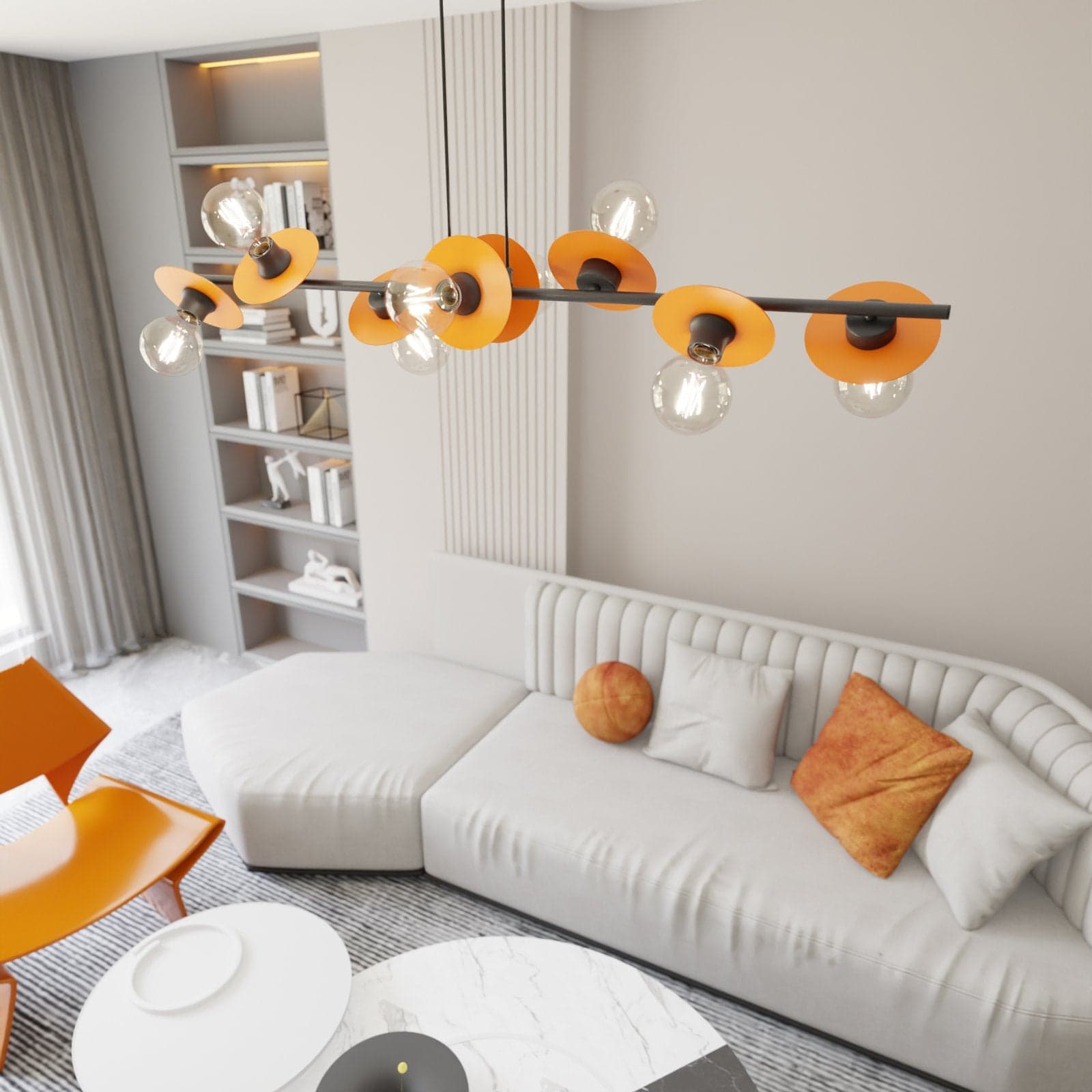 Lampadario 8 Luci Token In Acciaio Nero E Arancio Con Barra E Diffusori A Piatti in Lampade a sospensione LuceArt - Montecorvino Pugliano, commercioVirtuoso.it