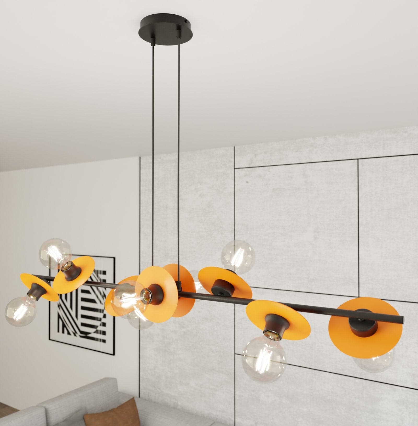 Lampadario 8 Luci Token In Acciaio Nero E Arancio Con Barra E Diffusori A Piatti in Lampade a sospensione LuceArt - Montecorvino Pugliano, commercioVirtuoso.it