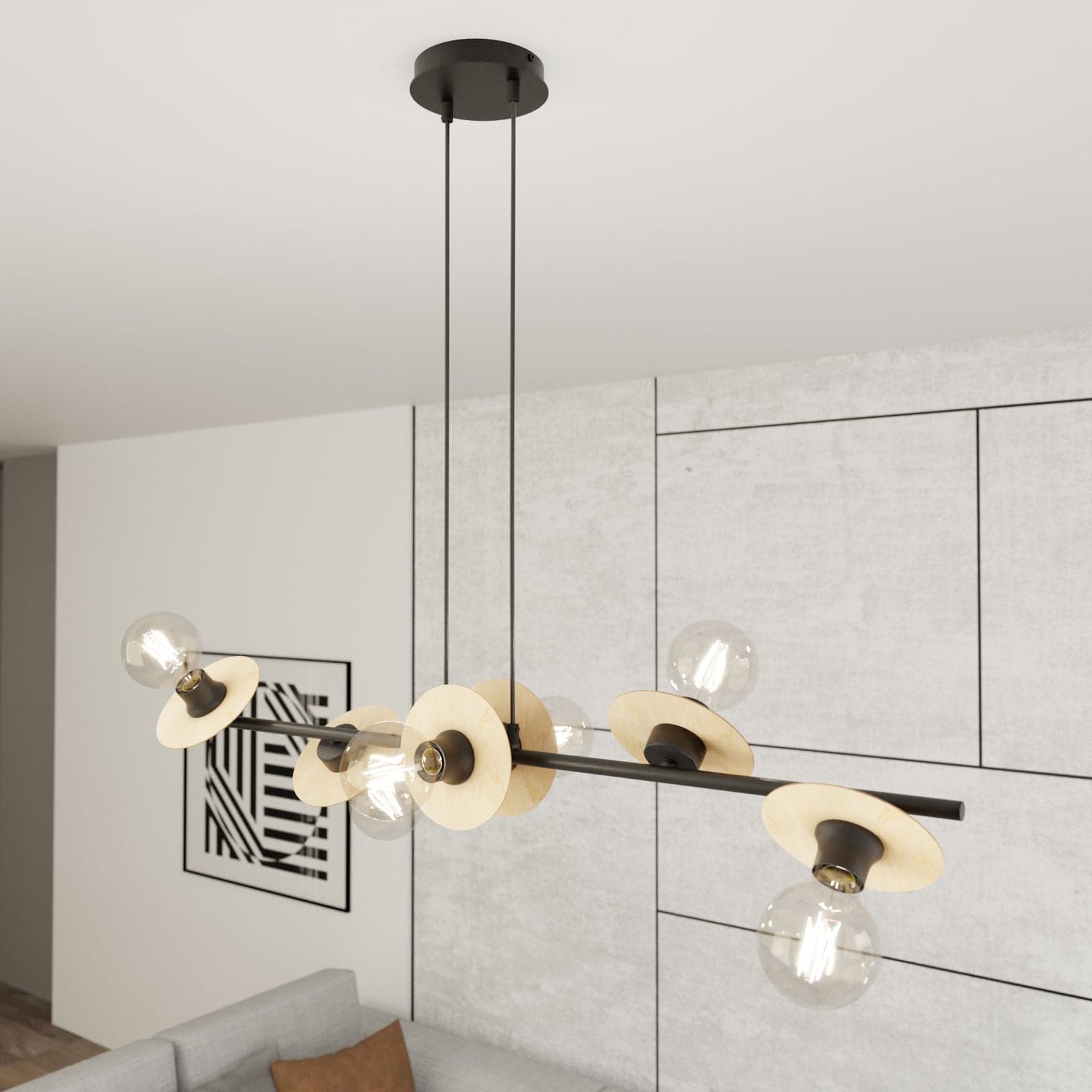 Lampadario 6 Luci Token In Acciaio Nero E Legno Con Barra E Diffusori A Piatti in Lampade a sospensione LuceArt - Montecorvino Pugliano, commercioVirtuoso.it