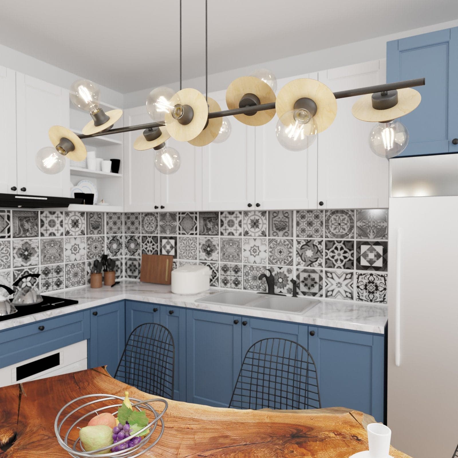 Lampadario 8 Luci Token In Acciaio Nero E Legno Con Barra E Diffusori A Piatti in Lampade a sospensione LuceArt - Montecorvino Pugliano, commercioVirtuoso.it