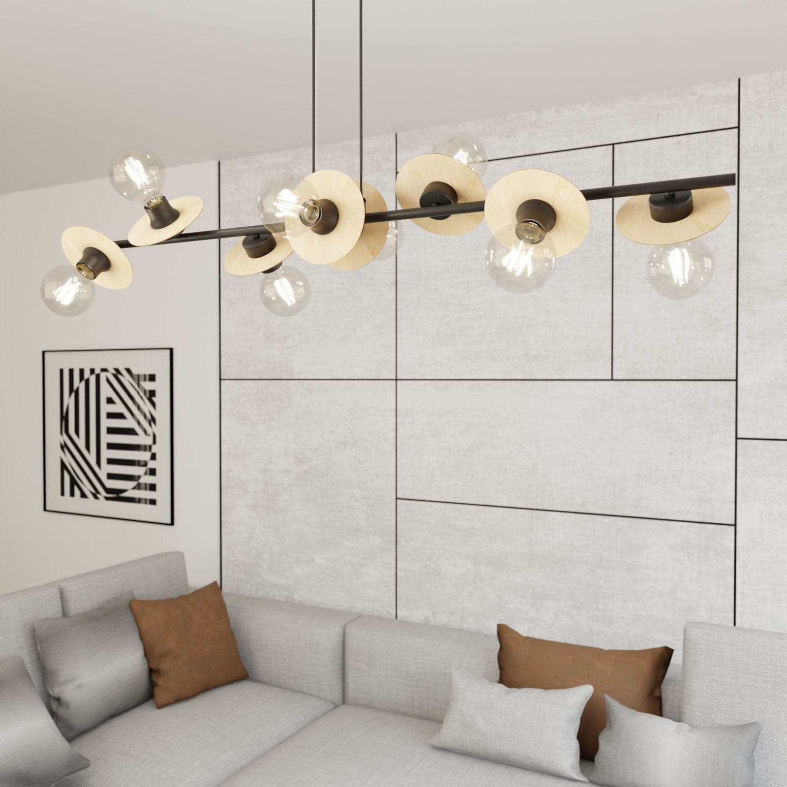 Lampadario 8 Luci Token In Acciaio Nero E Legno Con Barra E Diffusori A Piatti in Lampade a sospensione LuceArt - Montecorvino Pugliano, commercioVirtuoso.it