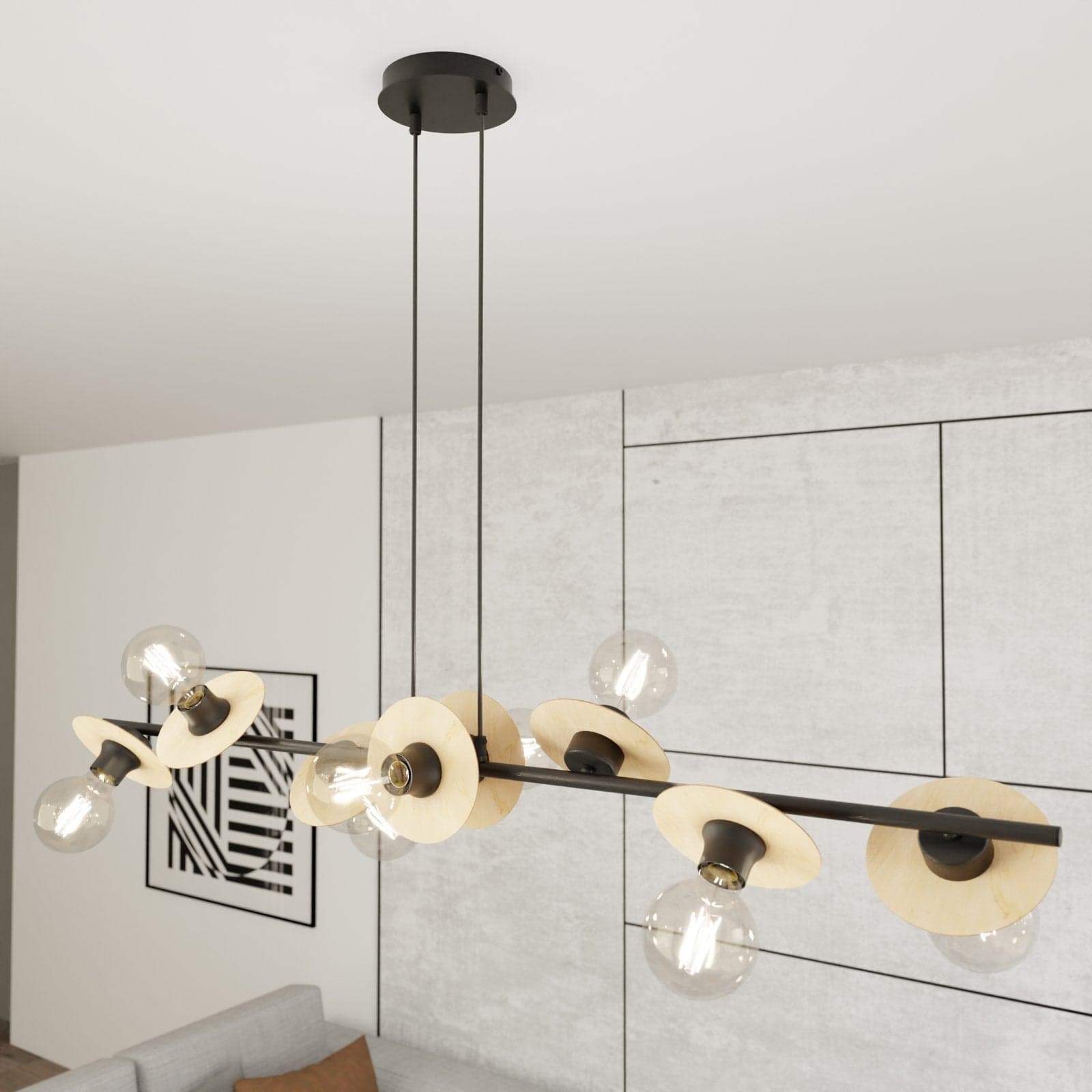Lampadario 8 Luci Token In Acciaio Nero E Legno Con Barra E Diffusori A Piatti in Lampade a sospensione LuceArt - Montecorvino Pugliano, commercioVirtuoso.it